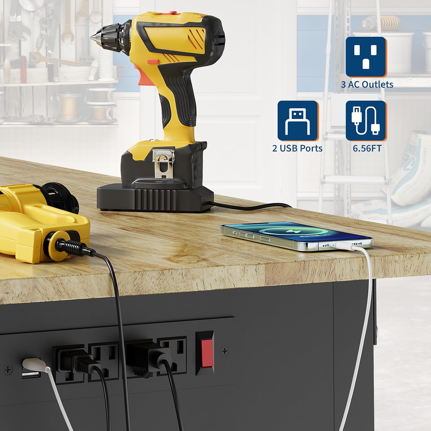 Rubber Wood Top Heavy-Duty Workbench, 48" Adjustable Workstation with Power Outlets & Wheels, Hardwood Worktable for Home Garage, Workshop,2200 LBS Load Capacity