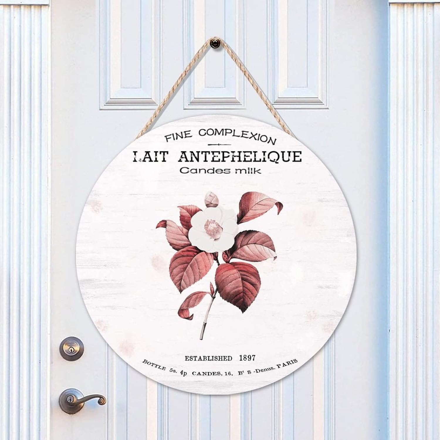 French Vintage Flower Wood Door Sign, Rustic Round Door Hanger Sign, 16x16in Floral Wall Door Hanging Sign Farmhouse Front Porch Decor Housewarming Gifts