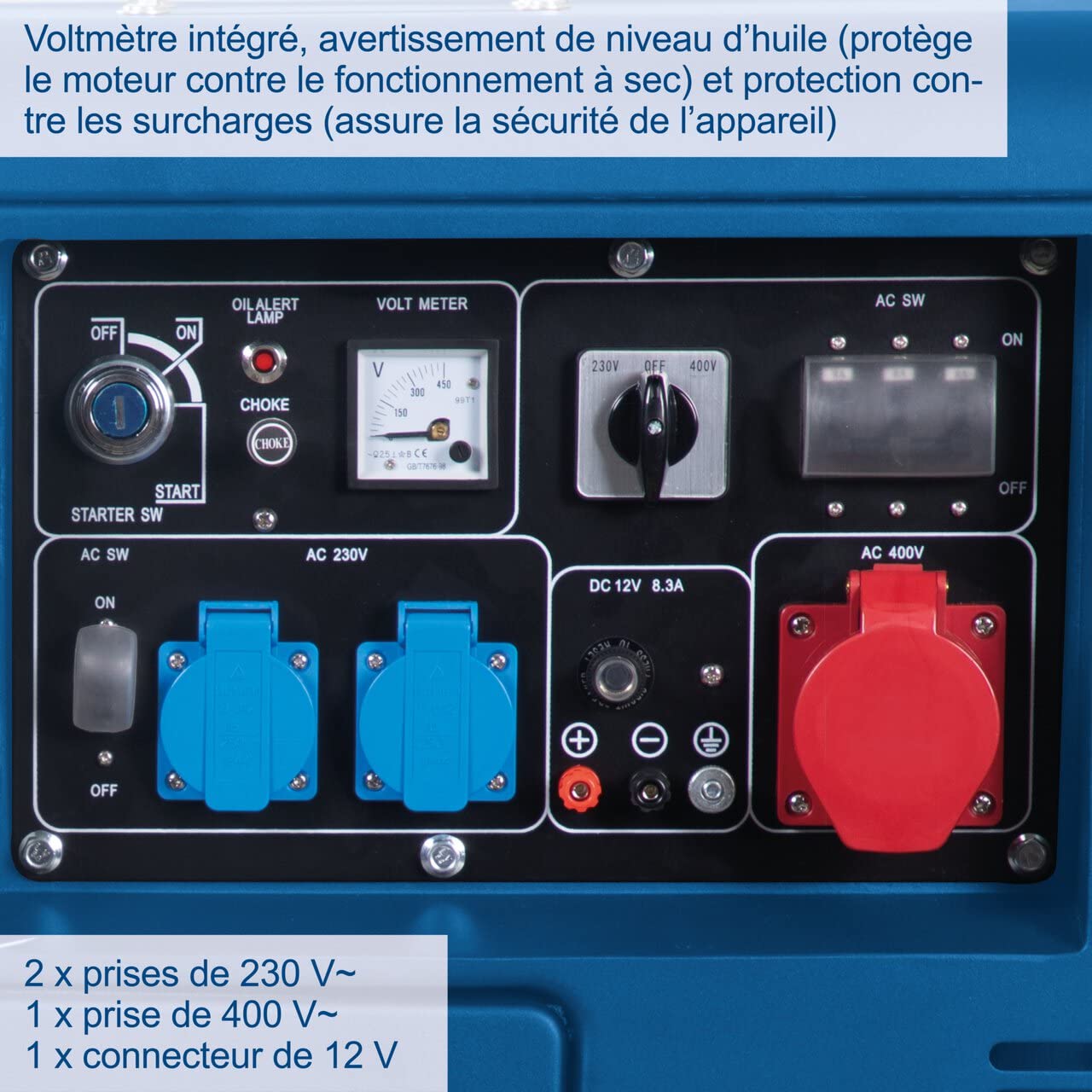 Scheppach Générateur électrique diesel SG5200D avec démarrage électrique | 7,7 CV | 5000 W | 2 x 230 V, 1 x prise 400 V | Réservoir 16 L | Système AVR | Avec dispositif de conduite