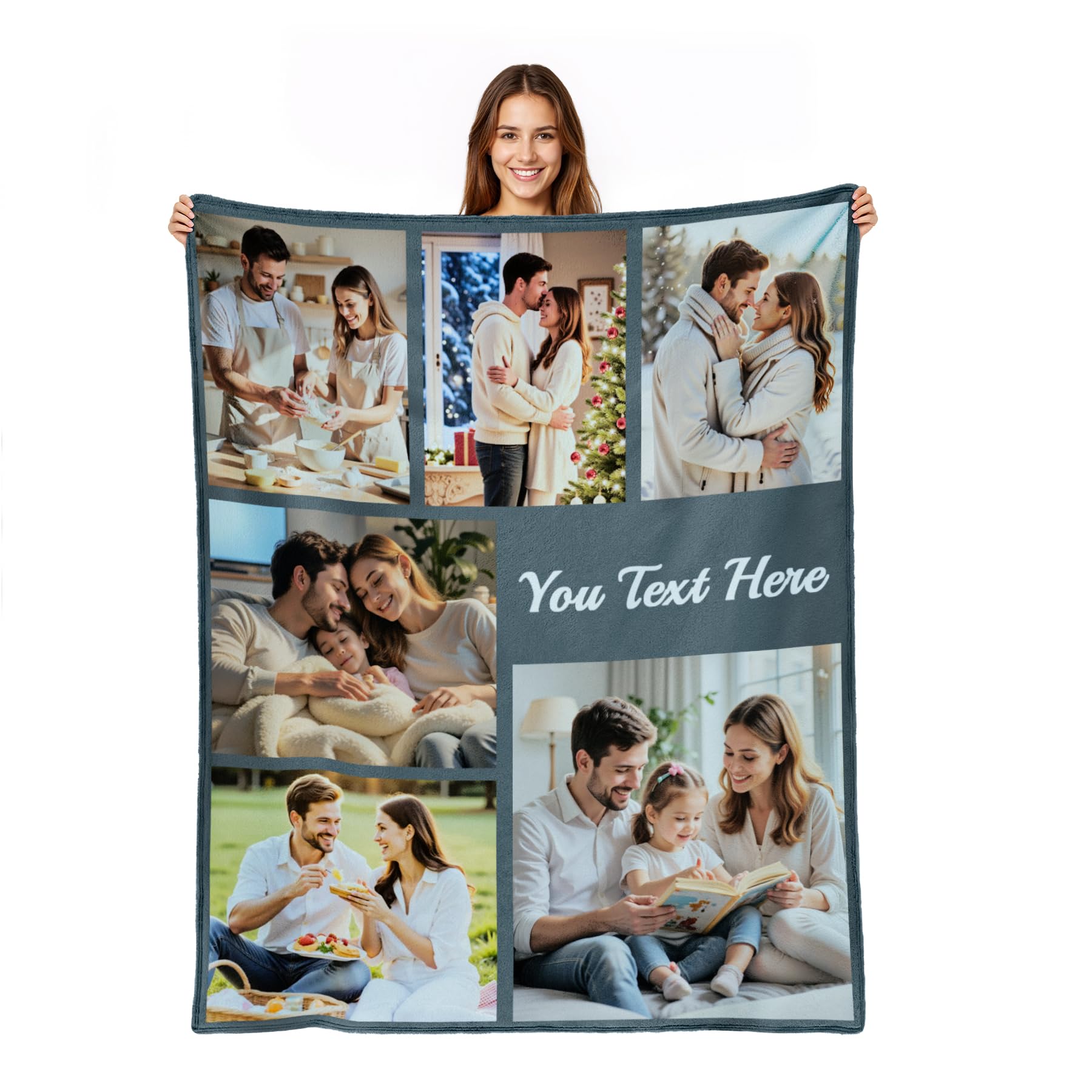 Personalised Photo Blanket for Adults, Custom Throw Blanket with Picture Text, Birthday Christmas Valentines Gifts for Girlfriend Boyfriend Her Him Couple Friends (6 Photos and Text)