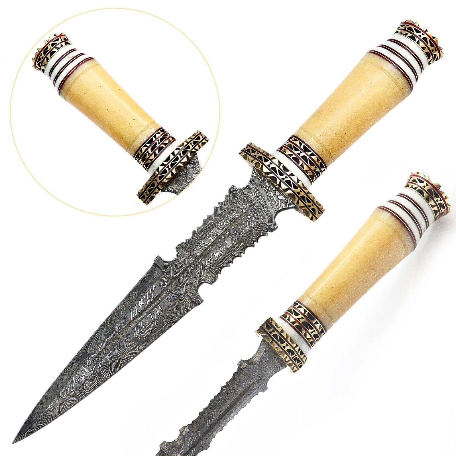 BABA Damascus Steel Camel Bone Hunting Dagger With Durable Leather Sheath 615