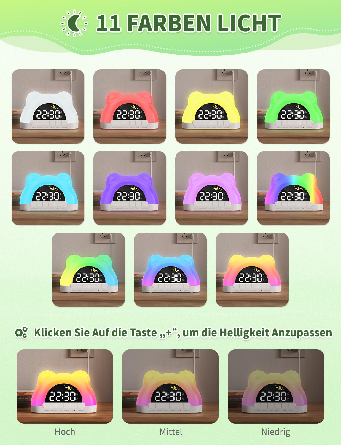 Kinderwecker,Wecker Kindermit 11 RGB Lichtern,Schlaftrainer Für Kinder Soundmaschine Dual Wecker Schlummerfunktion 12/24H Zeitanzeige Für Jungen und Mädchen