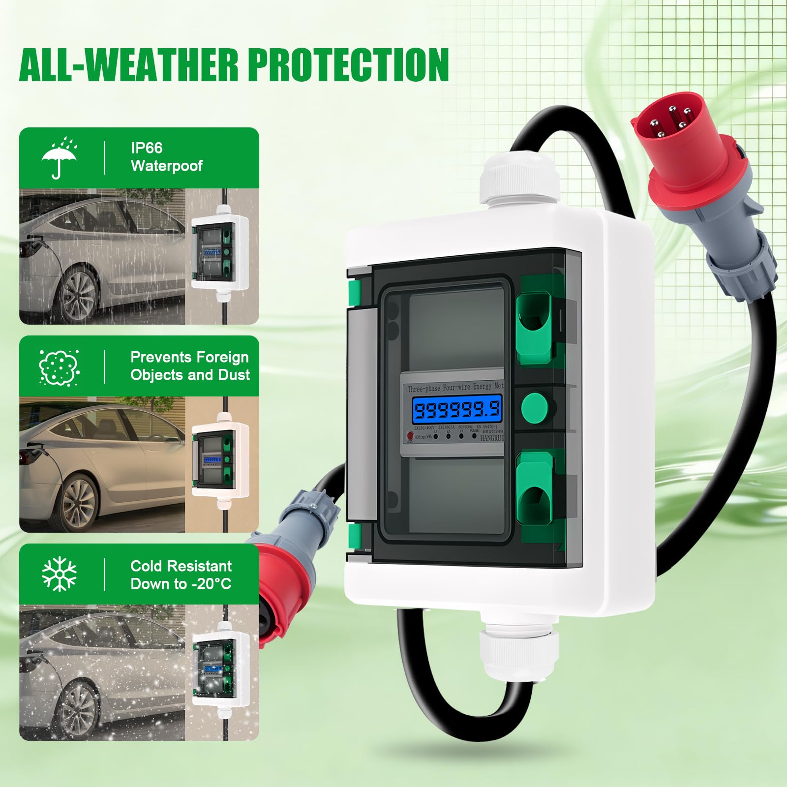Contatore Elettrico Digitale Mobile portatile trifase 63A misuratore di consumo elettrico Spina CEE 5P 400V Contatore energia elettrica digitale 3 Fase con funzione di reset H07RN-F 5×6mm²cavo IP66