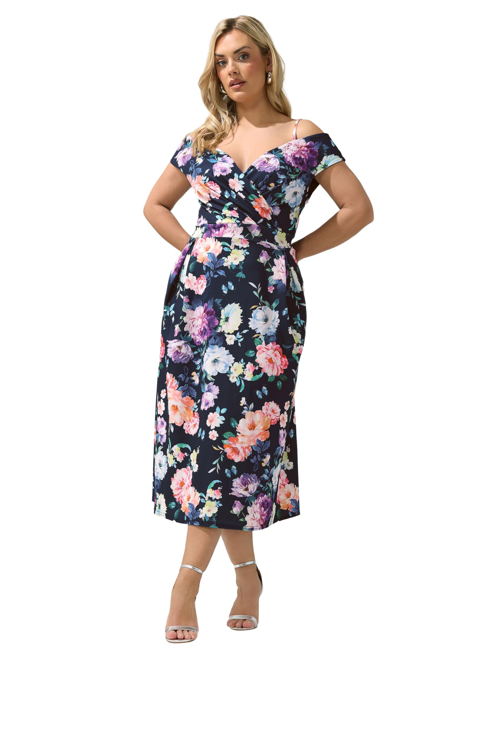 Yours London Curve Navy Blue Bardot Floral Skater Dress - Women's - Plus Size Curve