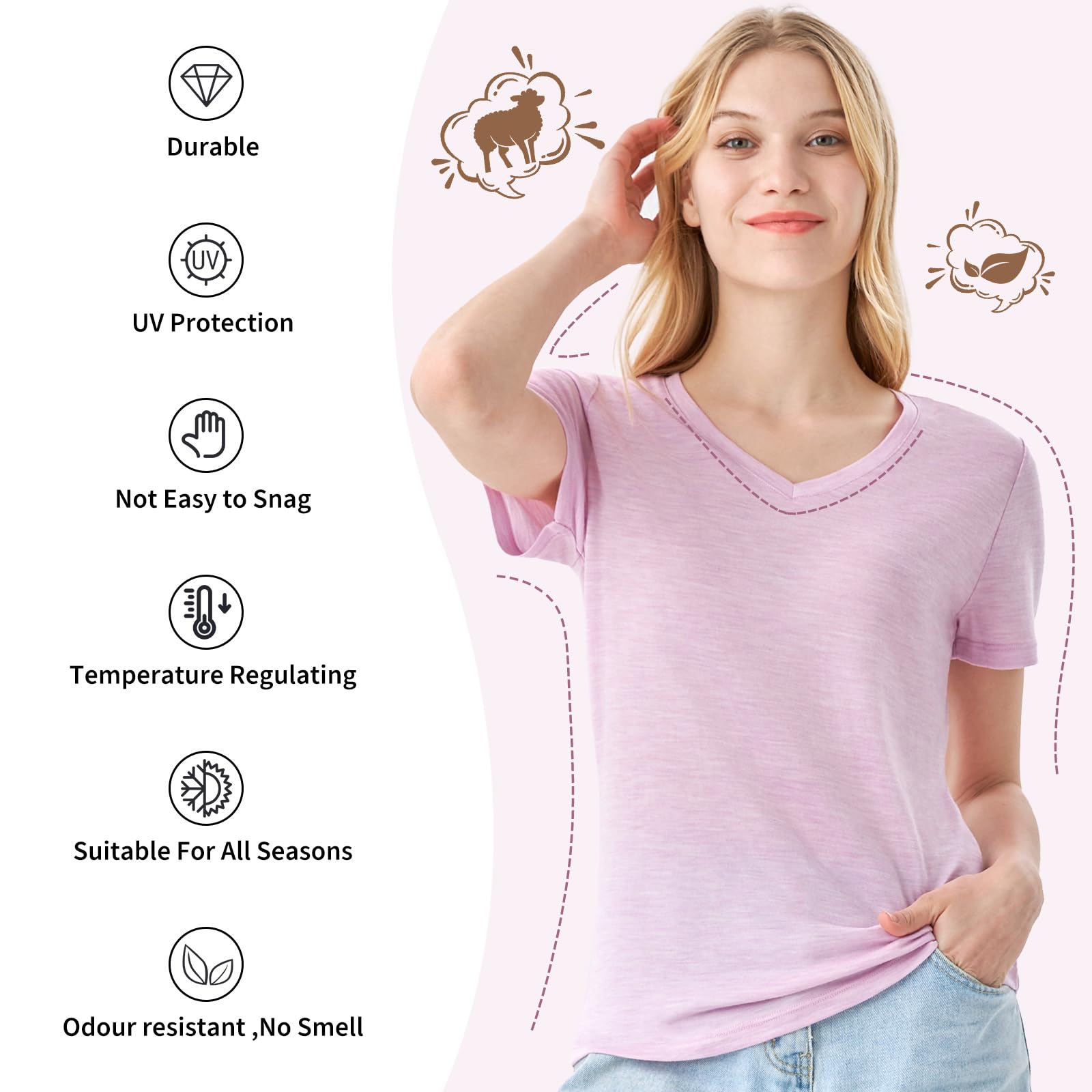 Merino Protect 100% Merino Wolle V-Ausschnitt Shirt Damen Kurzarm Wolle Unterhemd Geruchsresistenz Funktionsunterwäsche Reisen Wandern Merinowolle Unterwäsche