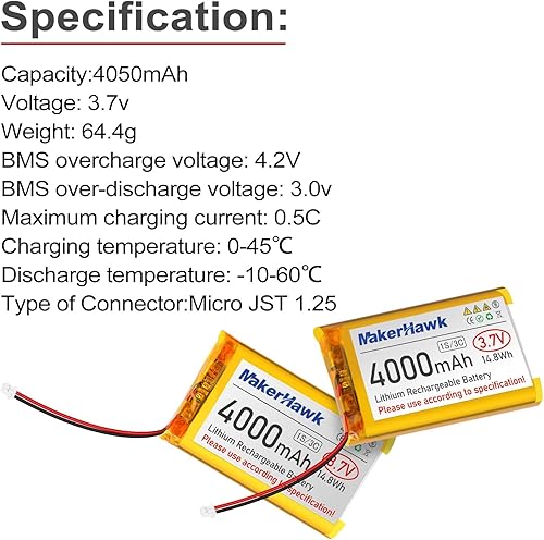 Miniatura 3 de MakerHawk Batería LiPo de 3.7V 4000mAh recargable 1S 3C Batería de polímero de litio con placa de protección cinta de goma aislada, enchufe micro