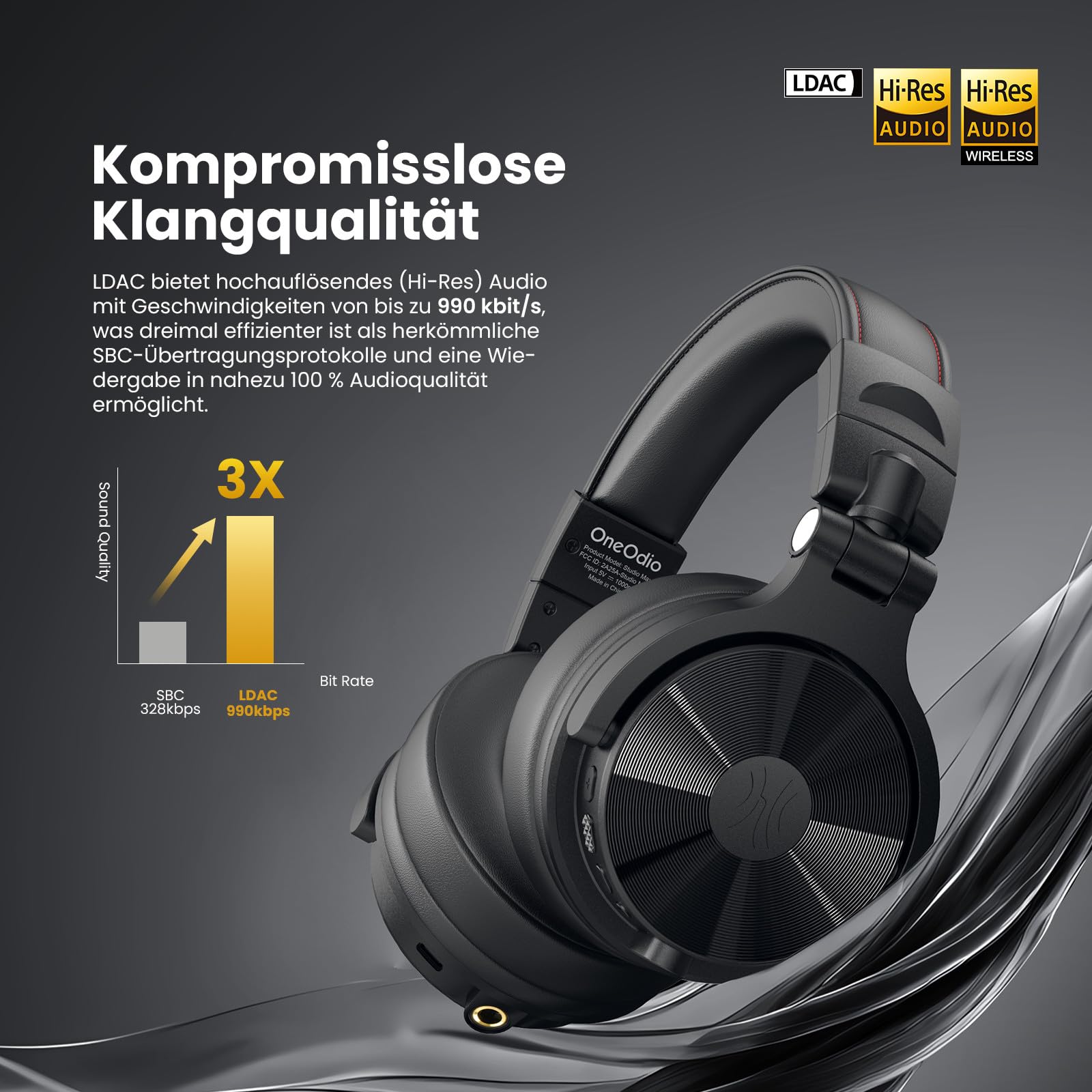 OneOdio Studio Max 1 Kabellose Over Ear DJ Kopfhörer, 120 Std. Spielzeit, 20 ms geringe Latenz, Hi-Res/LDAC-Audio, Dongle/Bluetooth 5.3/3,5 mm/6,35 mm für Musik Monitoring Recording Podcast Gitarre