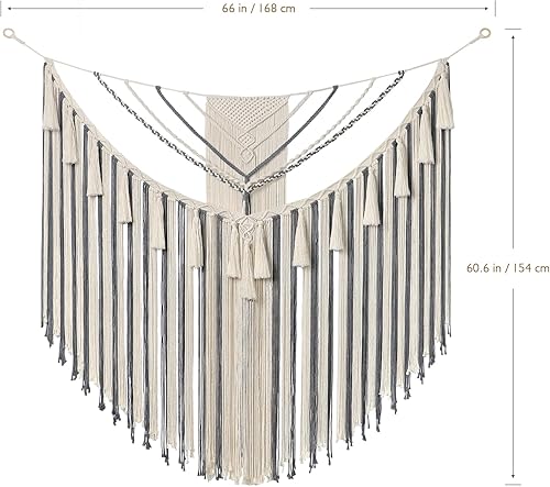 Miniatura 3 de LOMOHOO Tapiz grande de macramé para colgar en la pared, arte geométrico, bohemio, de algodón, decoración de pared, gris, bohemio, decoración del