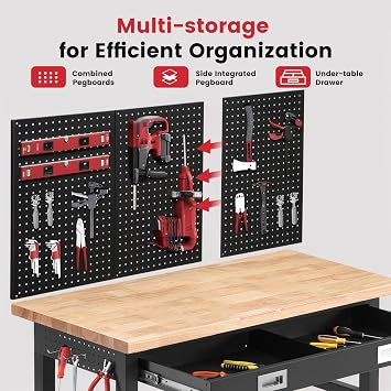 ENJOYWOOD Work Bench with Storage Adjustable Workbenches with Drawer for Garage 48 Inch Rubber Wood Top Garage Workbench with Pegboard, Power Outlets for Woodworking,Home, Office, Workshop