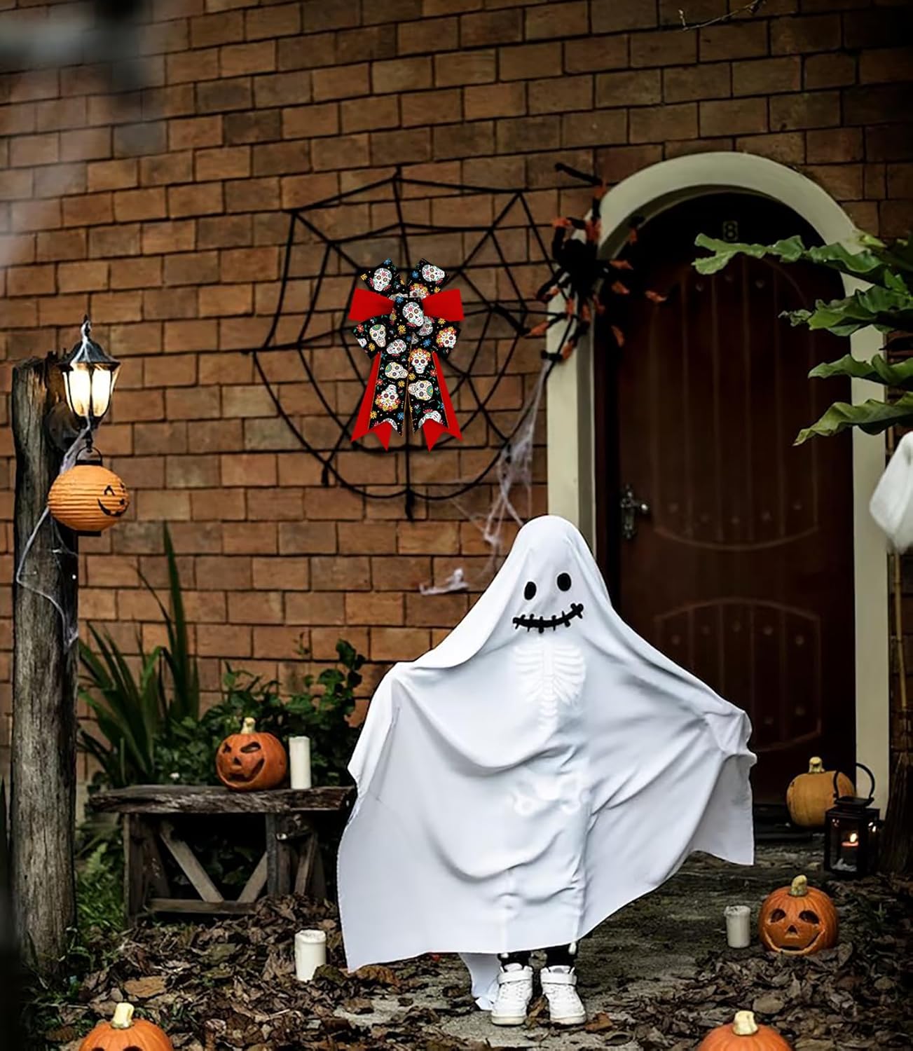 Hying 2PCS Day of The Dead Bows for Wreath, Red Black Dia de Los Muertos Wreath Bow for Mexican Party Supplies Halloween Sugar Skull Bow for Front Door Indoor Outdoor Wall Tree Topper Decorations - Image 3