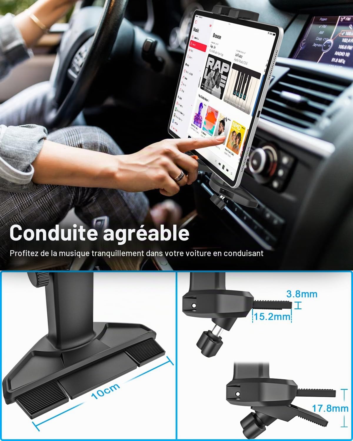 GDZN Support Tablette Voiture Fente CD, [Hauteur Réglable] Porte Tablette Lecteur CD Voiture avec Bras Télescopique pour 4 à 13 Pouces iPad Pro 12.9, Air Mini, Samsung Tab, Lenovo, iPhone