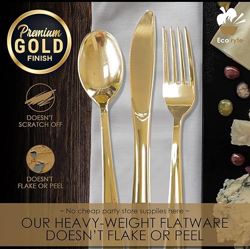 Miniatura 3 de Juego de cubiertos de plástico dorado de alta resistencia, 150 piezas, incluye 50 tenedores, 50 cuchillos, 50 cucharas, desechables y reutilizables,
