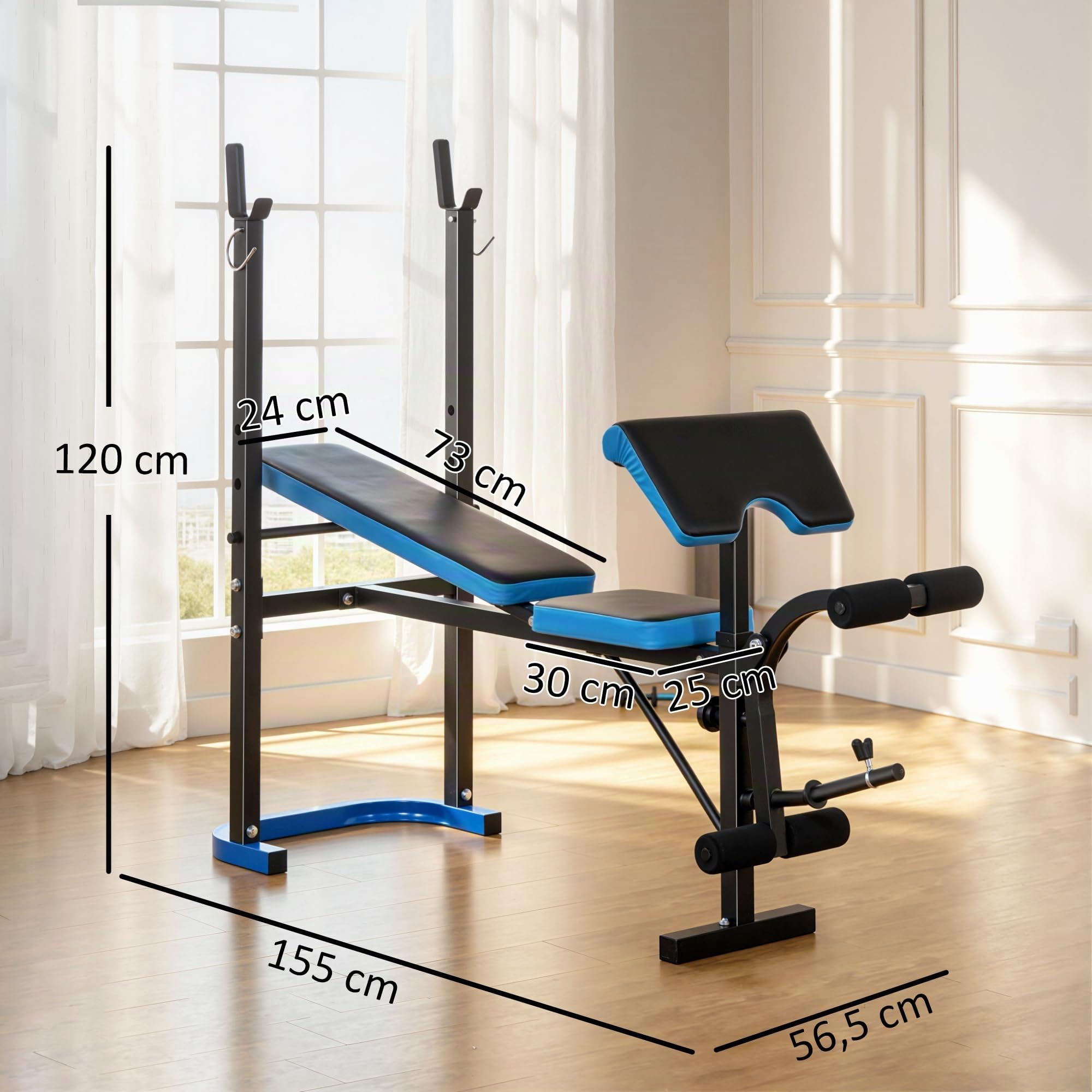 HOMCOM Banco de Musculación Multifuncional Banco de Pesas Negro y Azul | Soporte para Barra, Respaldo Ajustable, Entrenamiento Completos de Cuerpo, Casa Gimnasio