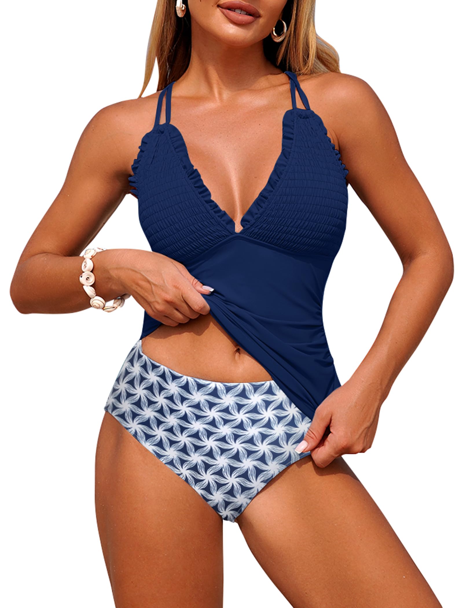 Photo 1 of ZAFUL Bathing Suit for Women Tummy Control Swimsuits High Waisted Two Piece Tankinis Retro Smocked Push Up Tankini with Adjustable Straps Slimming Full Coveraged Tankinis Swimwear Blue Print XL