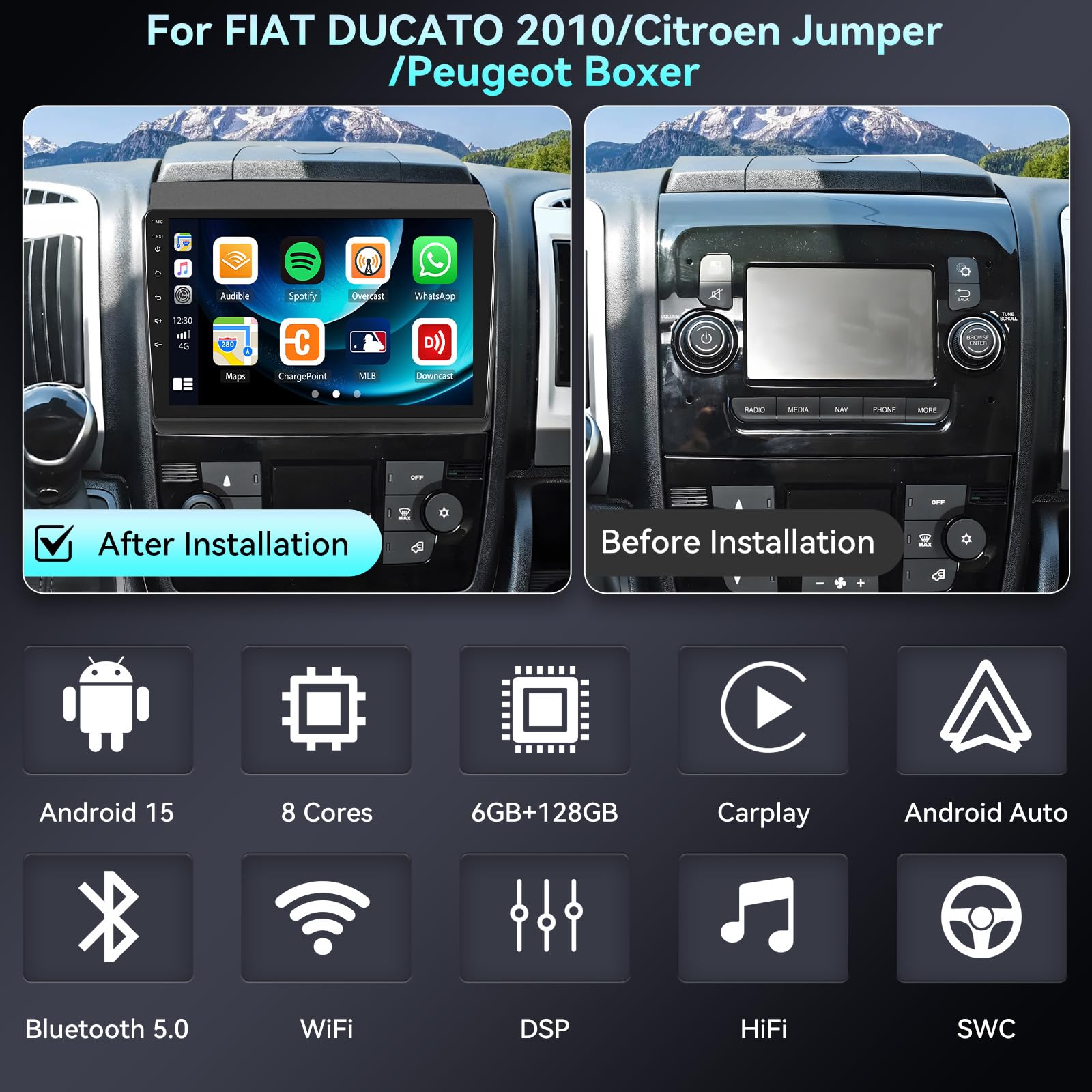 Autoradio SIXWIN 9'' Per Fiat Ducato / Citroen Jumper / Peugeot Boxer – Android 15, 8 Core, 6+128GB, CarPlay Wireless, DSP E 32 EQ. Top Per Il Tuo Camper.