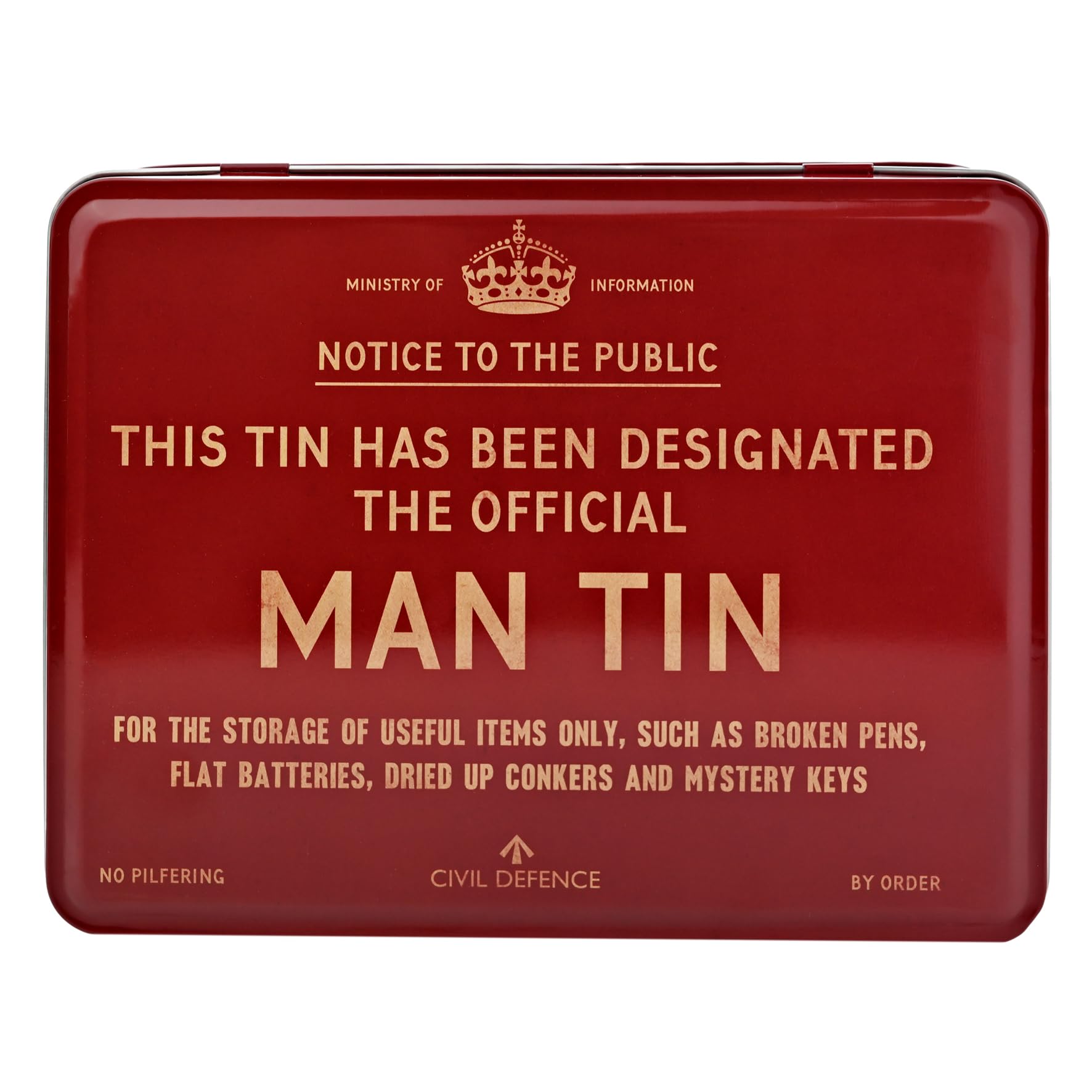 Civil Defence Official Man Tin, Red Metal Storage Box with Crown Design