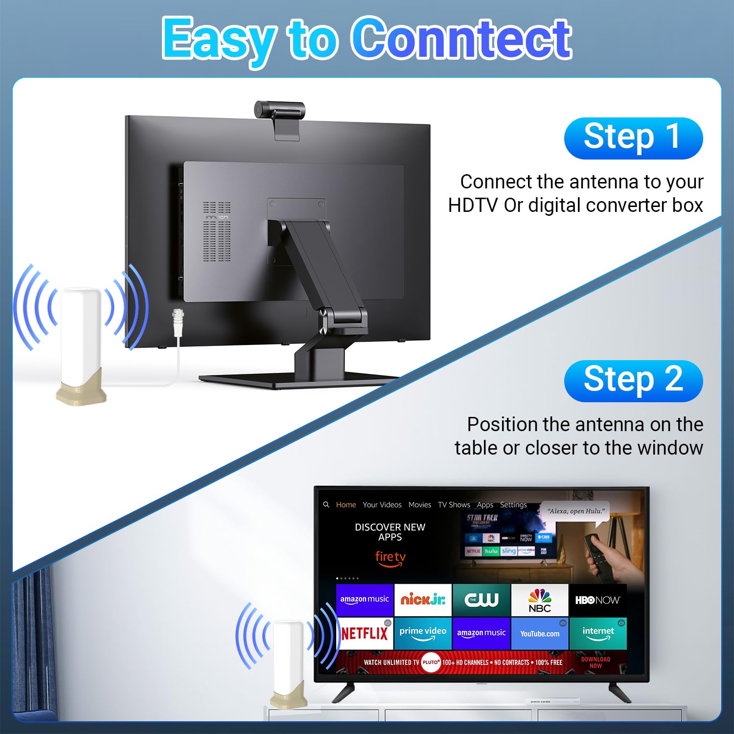 Antena de TV 2025 para interior para Smart TV, antenas HD de largo alcance para canales locales con base magnética fuerte, antena digital de recepción de 360° para TV sin cable, soporta 8K 4K 1080P