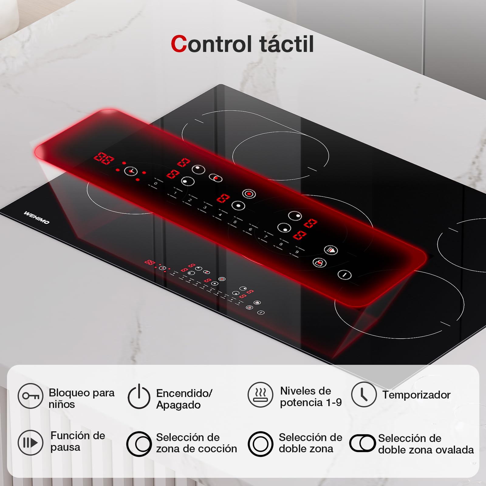Wehimo -Placa Vitroceramica 5 Fuegos 9 niveles de Potencia,Control Táctil,Temporizador 99min, Dispositivo de Bloqueo de Seguridad,Indicador de Calor