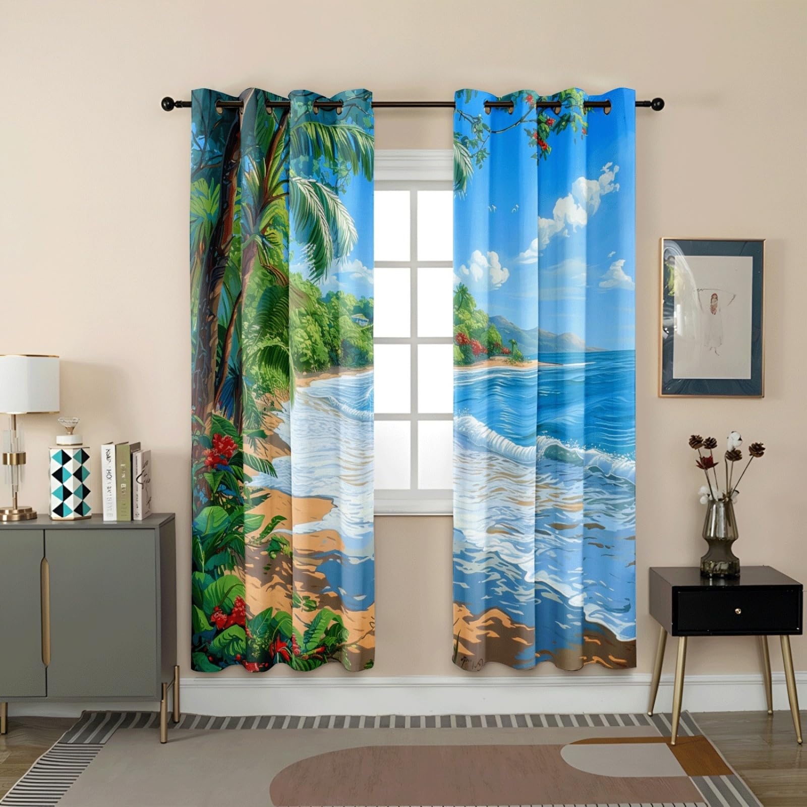 Curtain Braun Rot Tropisch Gardinen Polyester Vorhang mit Ösen Blackout Curtain Waschbar Vorhänge mit Ösen Living Room Thermovorhang Schlafzimmer Verdunklungsvorhänge Blickdicht 2x140x160cm