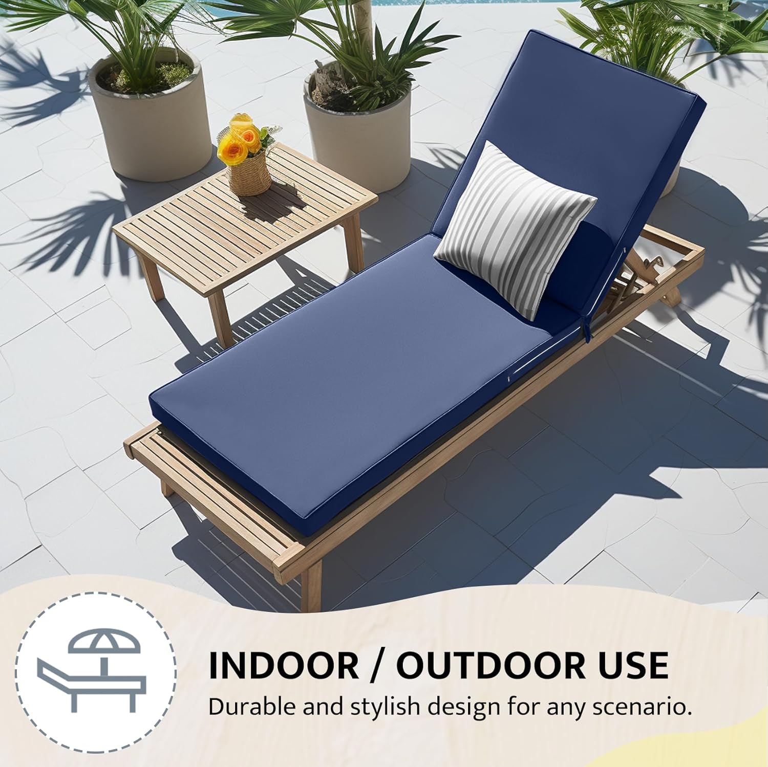mudilun Lounge Chair Cushion Water Proof Outdoor Lounge Chair Cushions with Ties Non-Slip Chaise Lounge Cushion Removable Patio Seat Cushions for Garden Pool Beach Lounge (Deep Blue-)