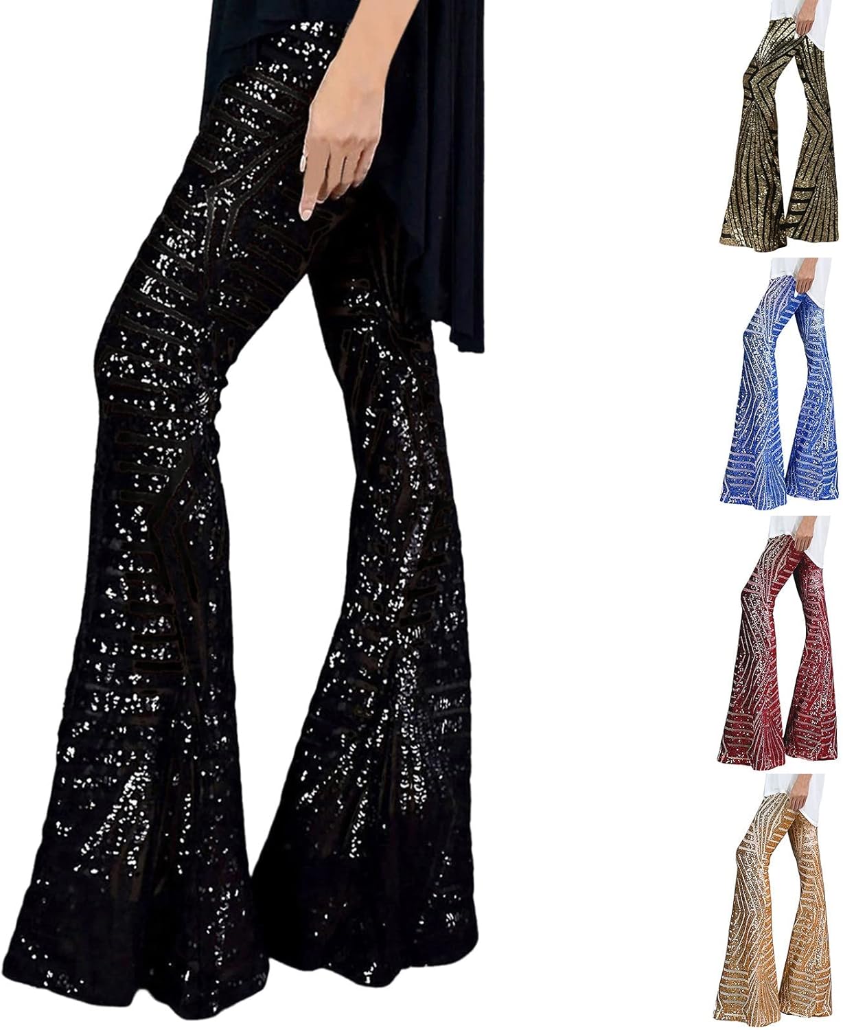GOKKILRW Womens Sequin Pants High Waisted Sparkle Bell Bottoms Trousers Glitter Wide Leg Palazzo Lounge Flared Trousers