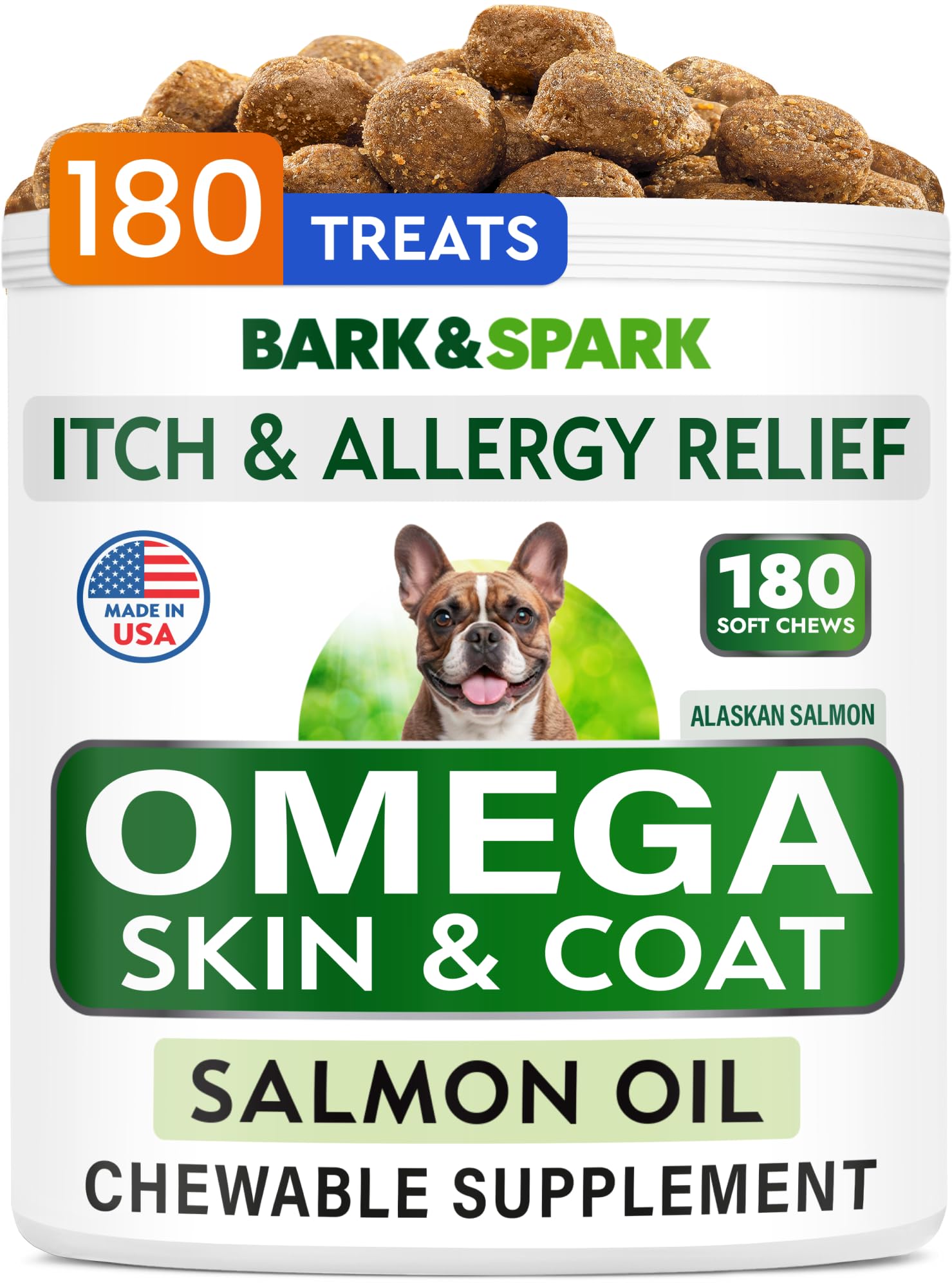 BARK&SPARK Omega 3 for Dogs - 180 Fish Oil Treats for Dog Shedding, Skin Allergy, Itch Relief, Hot Spots Treatment - Joint Health - Skin and Coat Supplement - EPA & DHA Fatty Acids - Alaskan Salmon