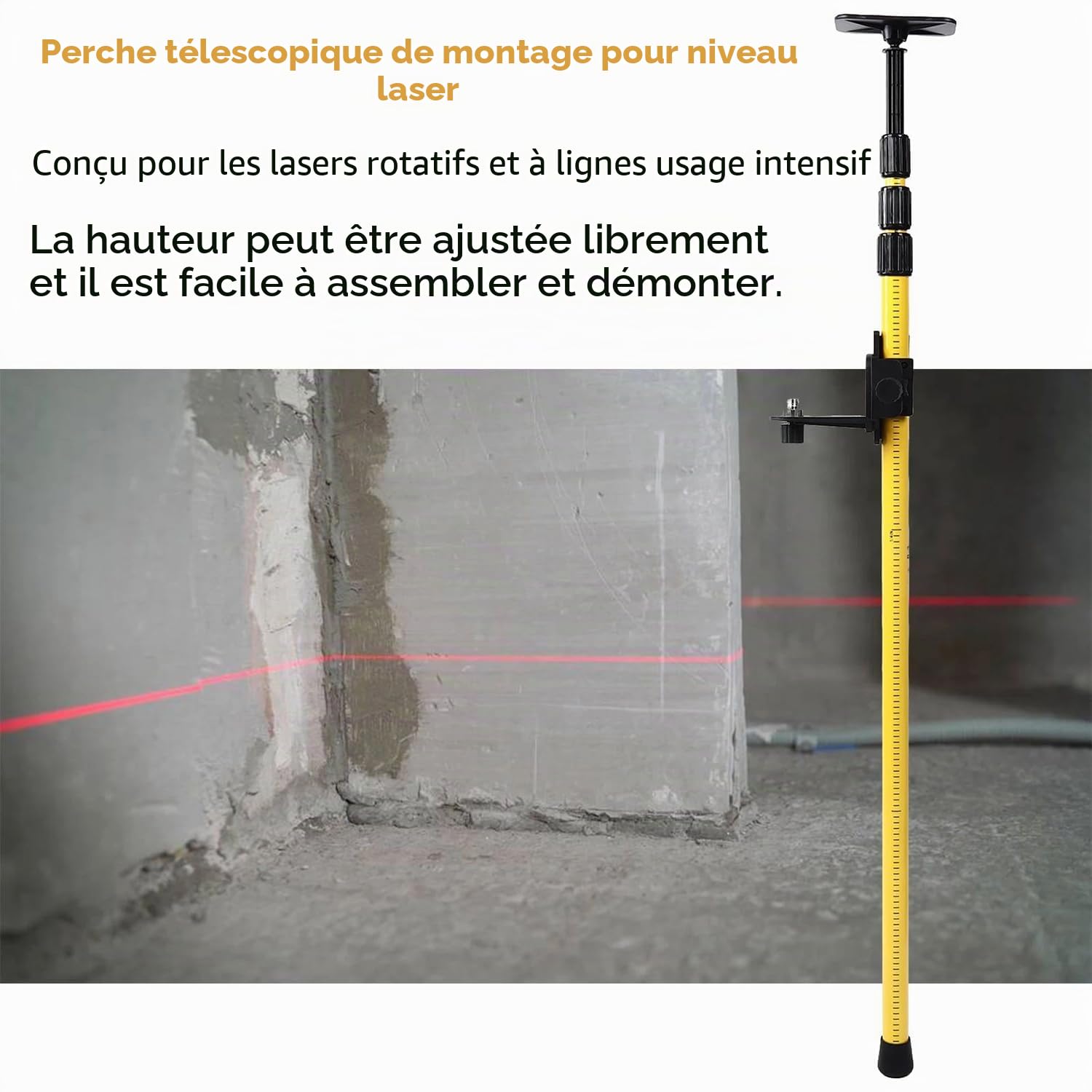Tige Telescopique Niveau Laser, Support Laser, Mât Télescopique de Nivellement,115 à 280 cm de Hauteur, avec Table Élévatrice pour Lasers Rotatifs et à Lignes,Pour Laser à Lignes Croisées de 360°