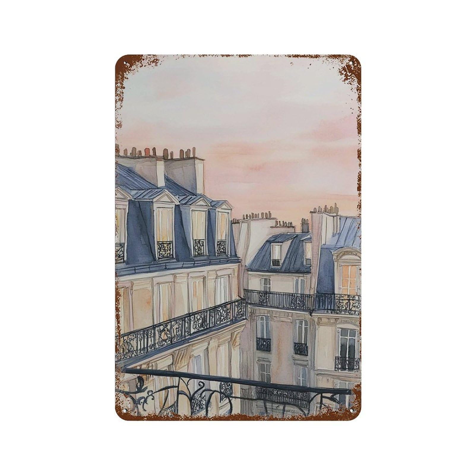 xiaoxiaoshen Paris Rooftop Sunset Romantic French Balcony Haussmann Architecture Parisian Vie Wall Decor Art Metal Tin Poster Modern Home Decor Art Home Bar Shop Decorations Vintage Sign 30x20cm