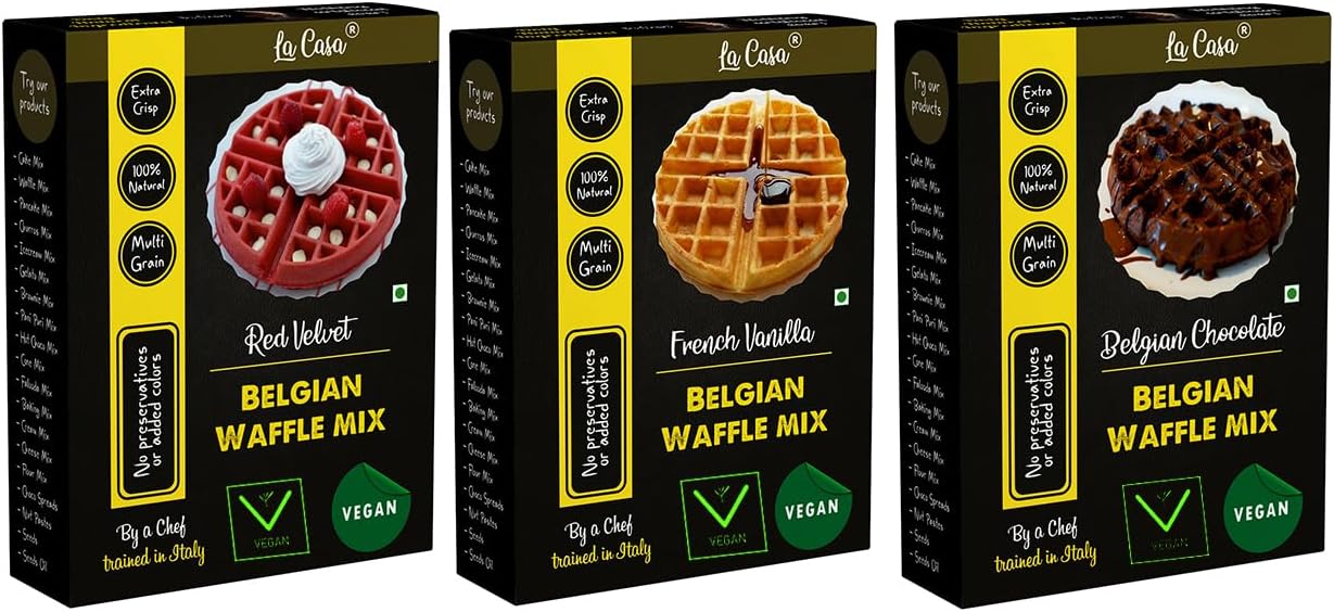 La Casa French Vanilla + Chocolate + Red Velvet Belgian Waffle Mix | Combo Pack of 3 | Pancake Mix | Multigrain | Vegan | Extra Crisp | 3x400g |