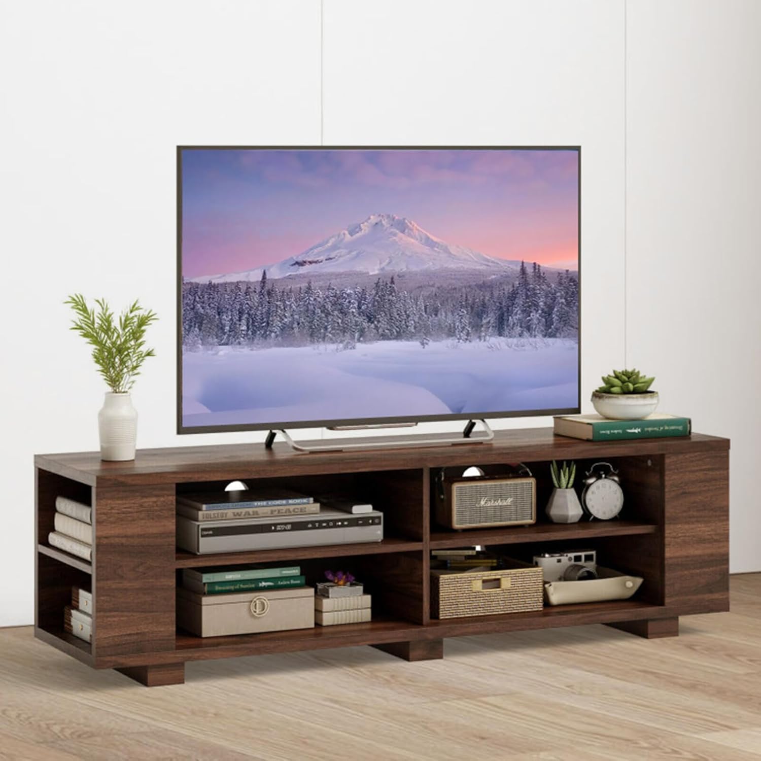 TUOCHUFUN Wooden TV Stand with 8 Open Shelves, TV Console Table for TVs