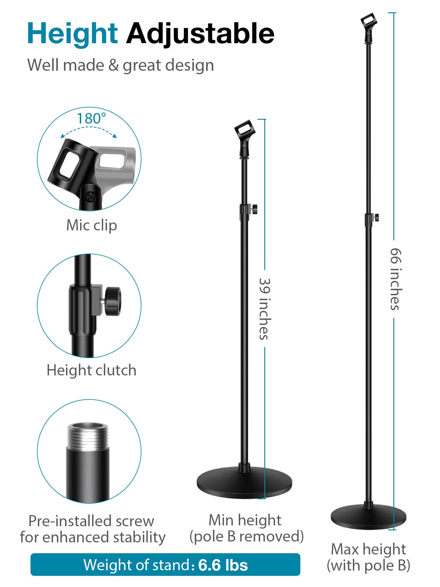 InnoGear Mikrofonständer, maximale Höhe 168,5 cm, Mikrofonständer, abnehmbarer Galgen-Mikrofonarm mit gewichteter runder Basis für Blue Yeti HyperX QuadCast SoloCast Shure SM58 Samson Q2U Fifine K669B