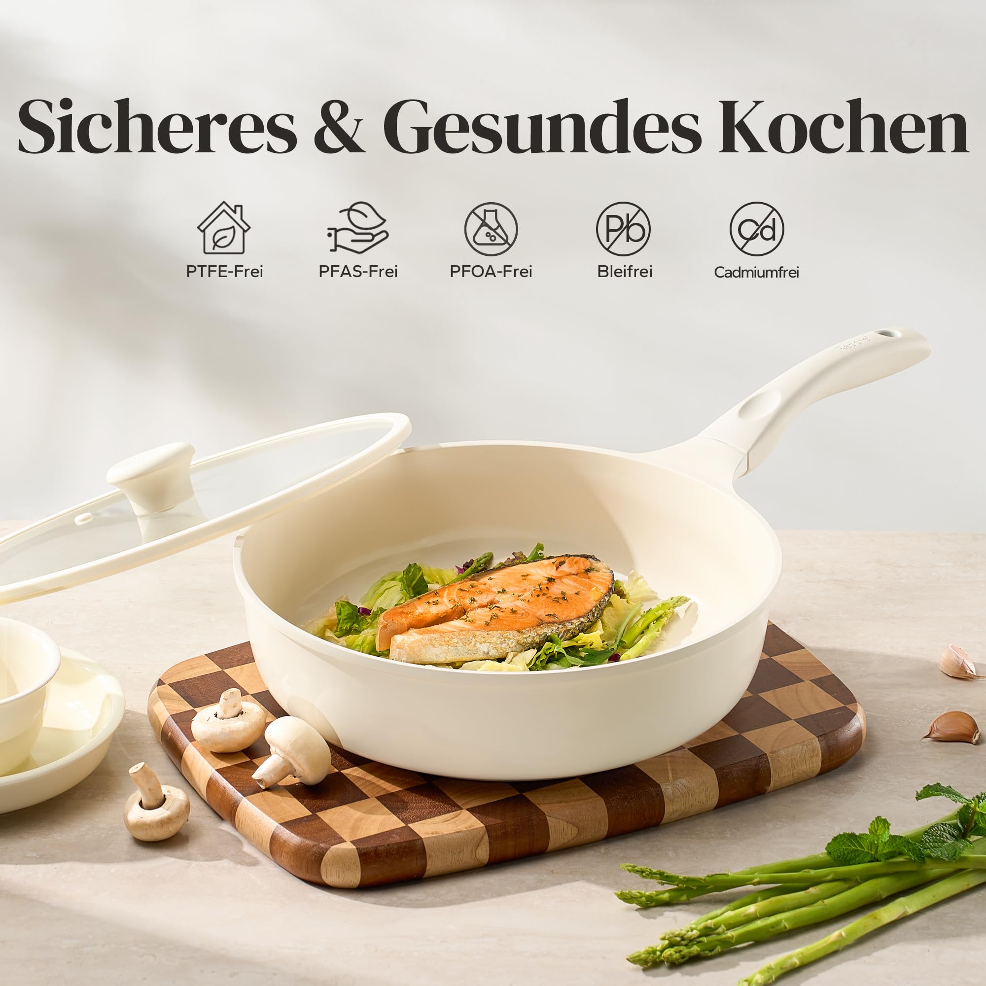 Redchef Patelnia 28 cm z pokrywką, ceramiczna patelnia nieprzywierająca do kuchenek indukcyjnych, do omletów, nie zawiera PTFE, PFAS, PFOA