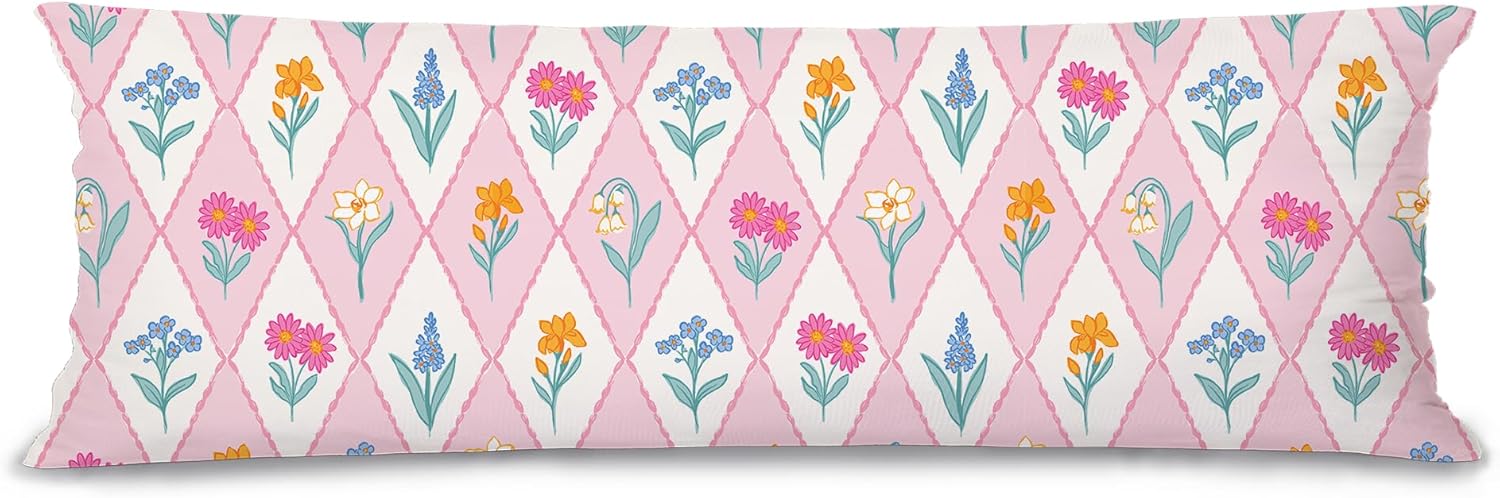 Pink Floral 21x54 Body Pillow Cover Case, Floral Room Decor, Cottagecore Home Room Decor, Preppy Pink Diamond Wildflower Flowers Decorative Long Hug Pillow Cases for Bed Couch Pink Diamond Flowers
