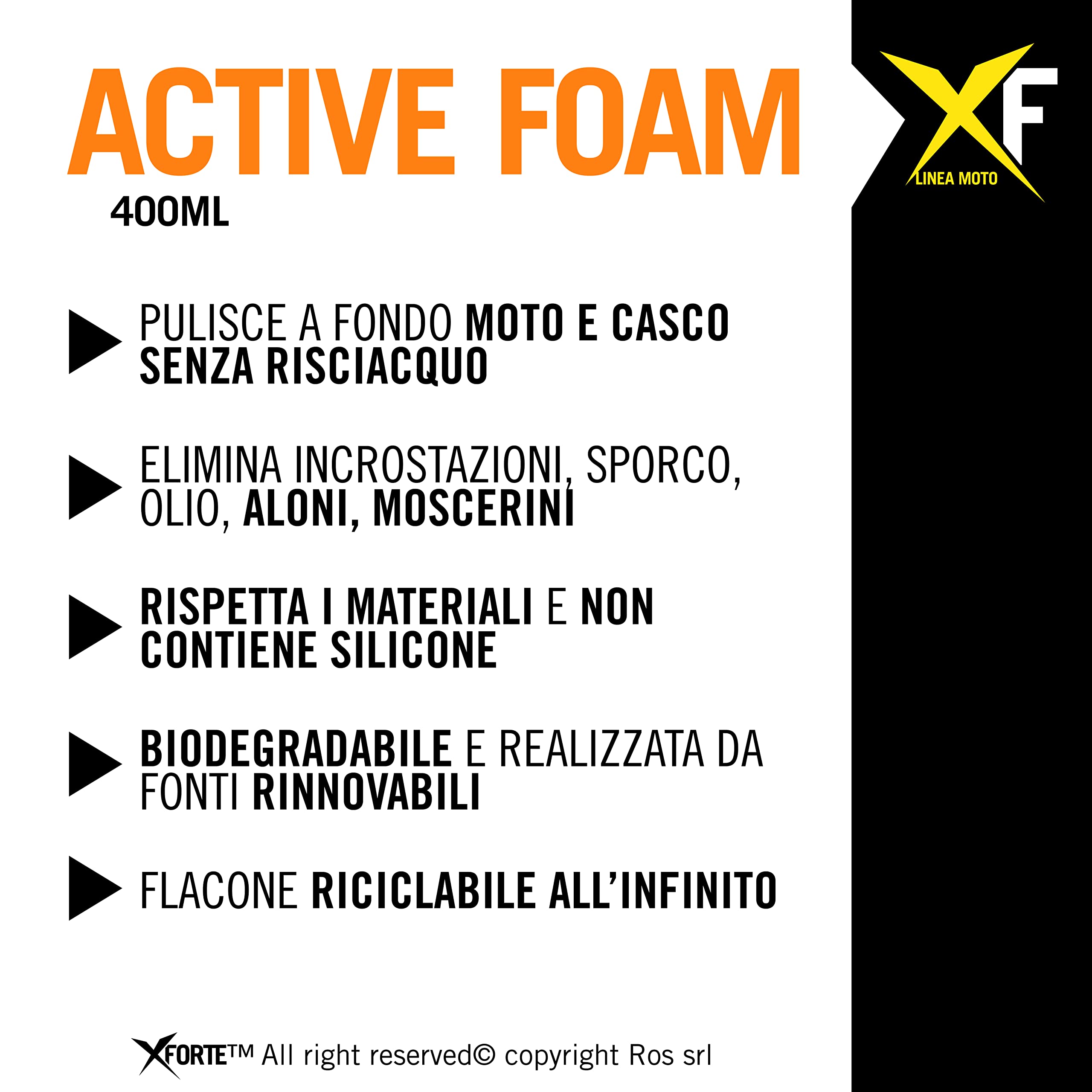 XFORTE Active FOAM - Schiuma Detergente e Igienizzante per Moto e Casco, Senza Acqua e Senza Risciacquo, Biodegradabile Kit pulizia moto e casco 400 ml