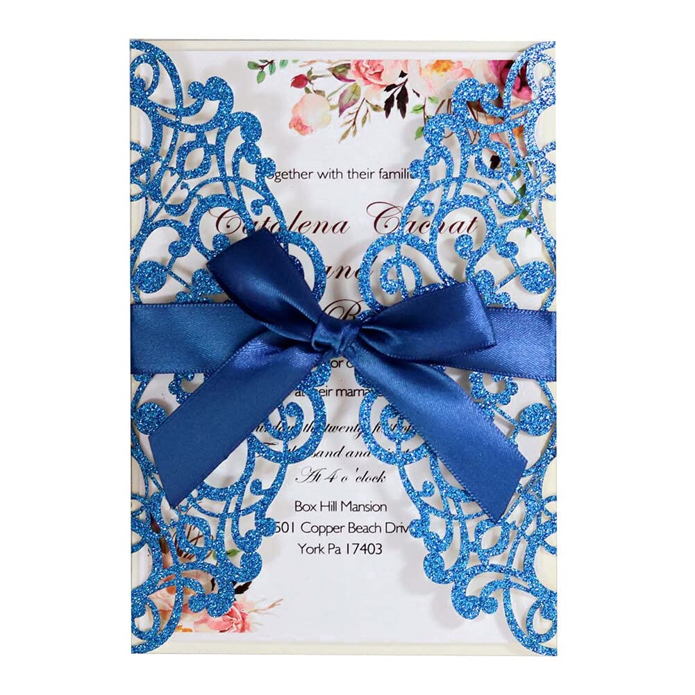 ihreesy 25 Unidades de Tarjetas de Invitación Cortadas con Láser, Tarjetas de Invitación de Boda con Papel Imprimible en Blanco y Sobres para Boda Cumpleaños Fiesta en el Jardín,Azul