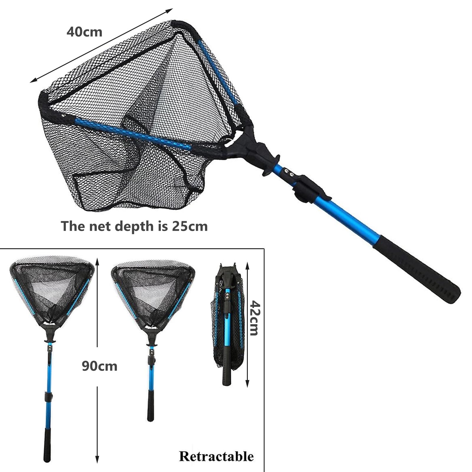 Fishing Kescher Angeln, Kescher Teich, Angelkescher, 2 Sektionen Teleskop, 90cm, Faltbares, für Kajak, Salmon, Catfish, Einfach Zu Fangen Und Freizugeben