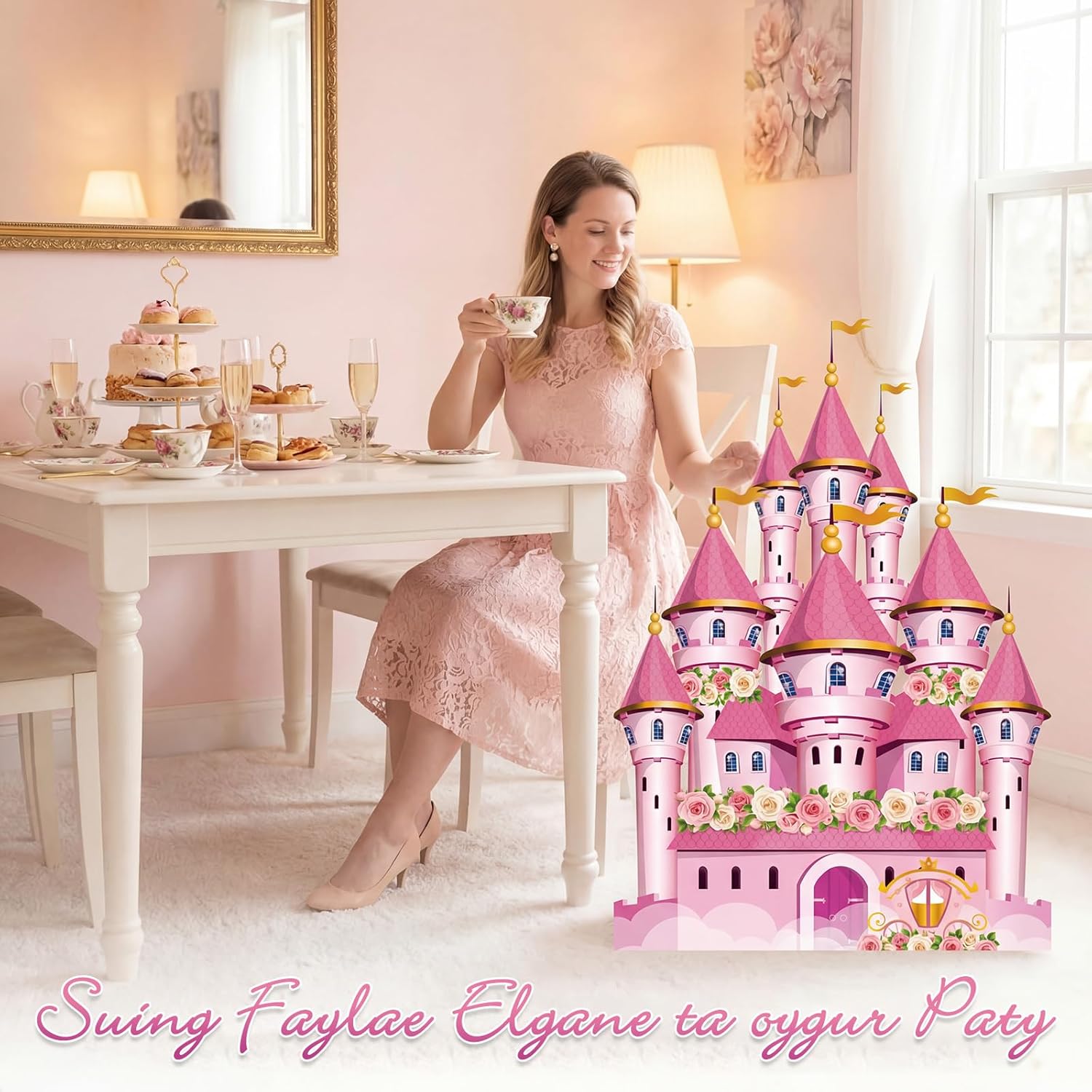 Yinkin Pink Princess Cardboard Castle Cutout Stand up 4ft Tall Princess Castle Party Decoration Waterproof Royal Fairytale Floral Photo Booth Prop for Pink Bridal Shower Birthday Party Decor