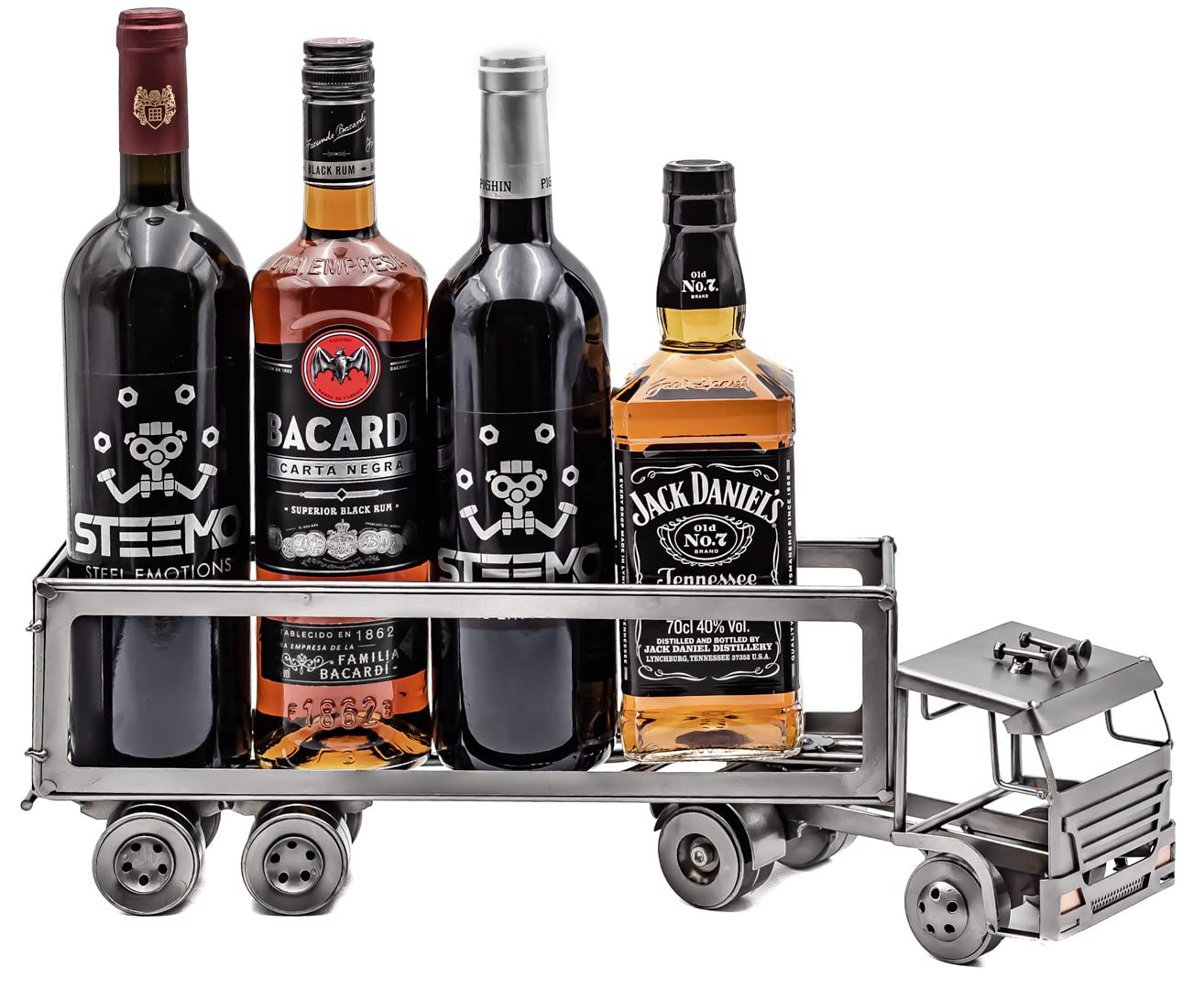 STEEMO Schraubenmännchen Weinflaschenhalter LKW – Handgefertigter Lastwagen aus Stahl, originelle Geschenkidee für Trucker und Weinfreunde, dekorative Hausbar-Deko, 46x10,5x15 cm