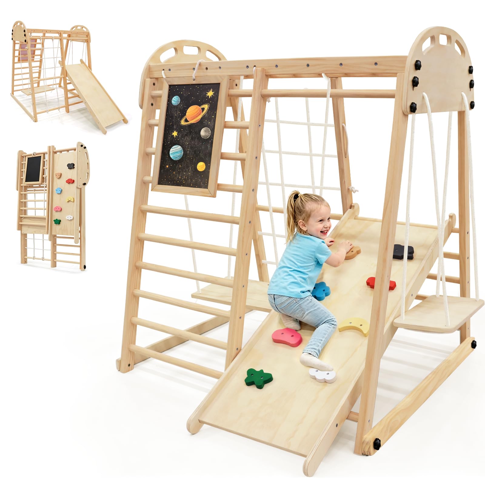 Klettergerüst Indoor ab 1 Jahr Mini&Klappbar 10 in 1 Montessori Indoor Spielplatz Kinder – Kletterturm aus Holz mit Tafel, Rutsche, Kletterwand, Kletternetz, Schaukel & Schwebendes Balancierholz