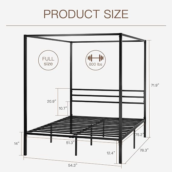 ikalido Full Size Metal Canopy Bed Frame, Heavy-Duty Support, Black