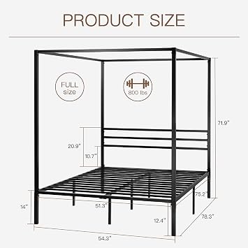 ikalido Full Size Metal Canopy Bed Frame, Heavy-Duty Support, Black