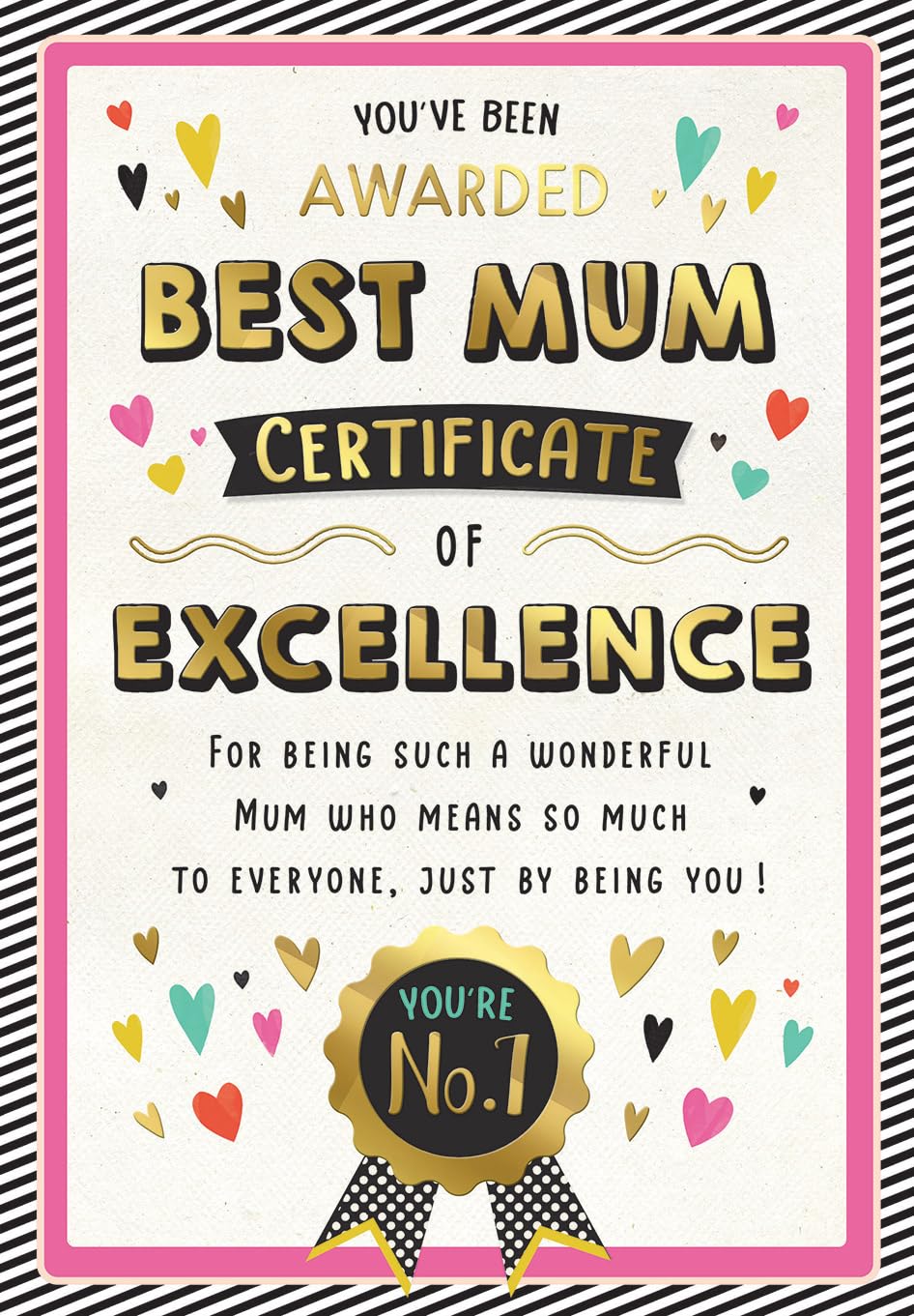 Piccadilly Greetings Mother's Day Card, You've Been Awarded Best Mum Certificate - 9 x 6 inches