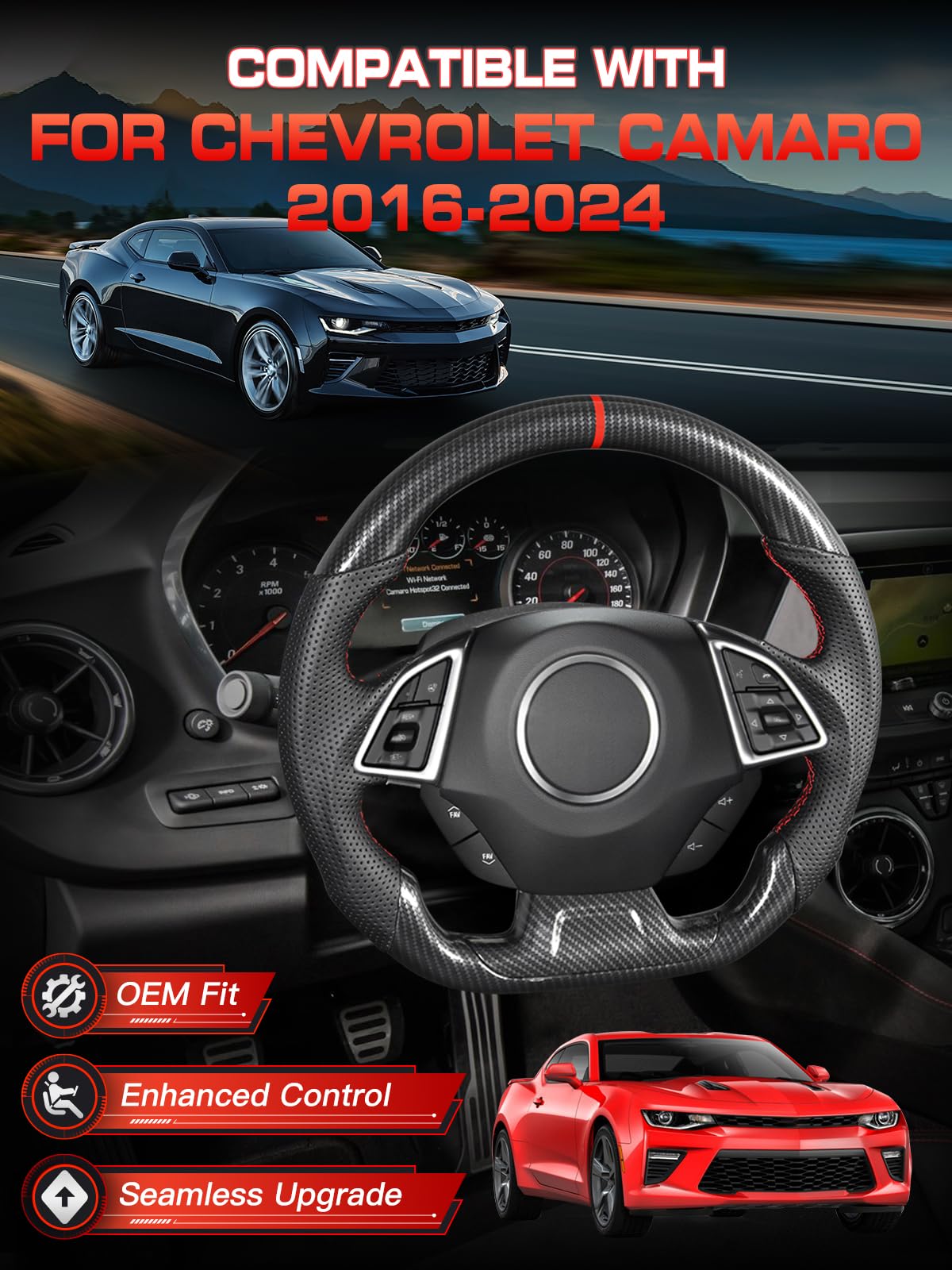 TESFEEL Hydro-Dip Carbon Fiber Steering Wheel for Chevrolet Camaro 2016–2024 with D-Shaped Flat-Bottom Perforated Leather Grip Hand-Stitched Steering Wheel Compatible with Camaro LT/LS/SS/ZL1