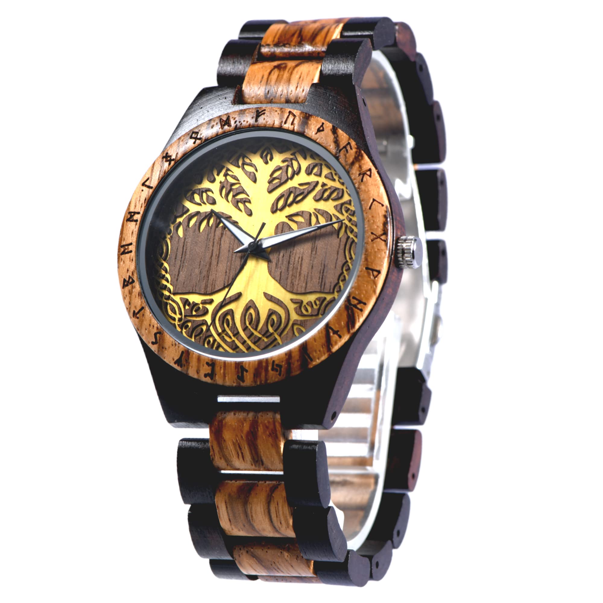 VikingsBrand Viking Wooden Watch with Helm of Awe, Aegishjalmur Viking Symbol & Engraved Die in Battle & Go to Valhalla Saying and Runic Circle, Yggdrasil 7003,
