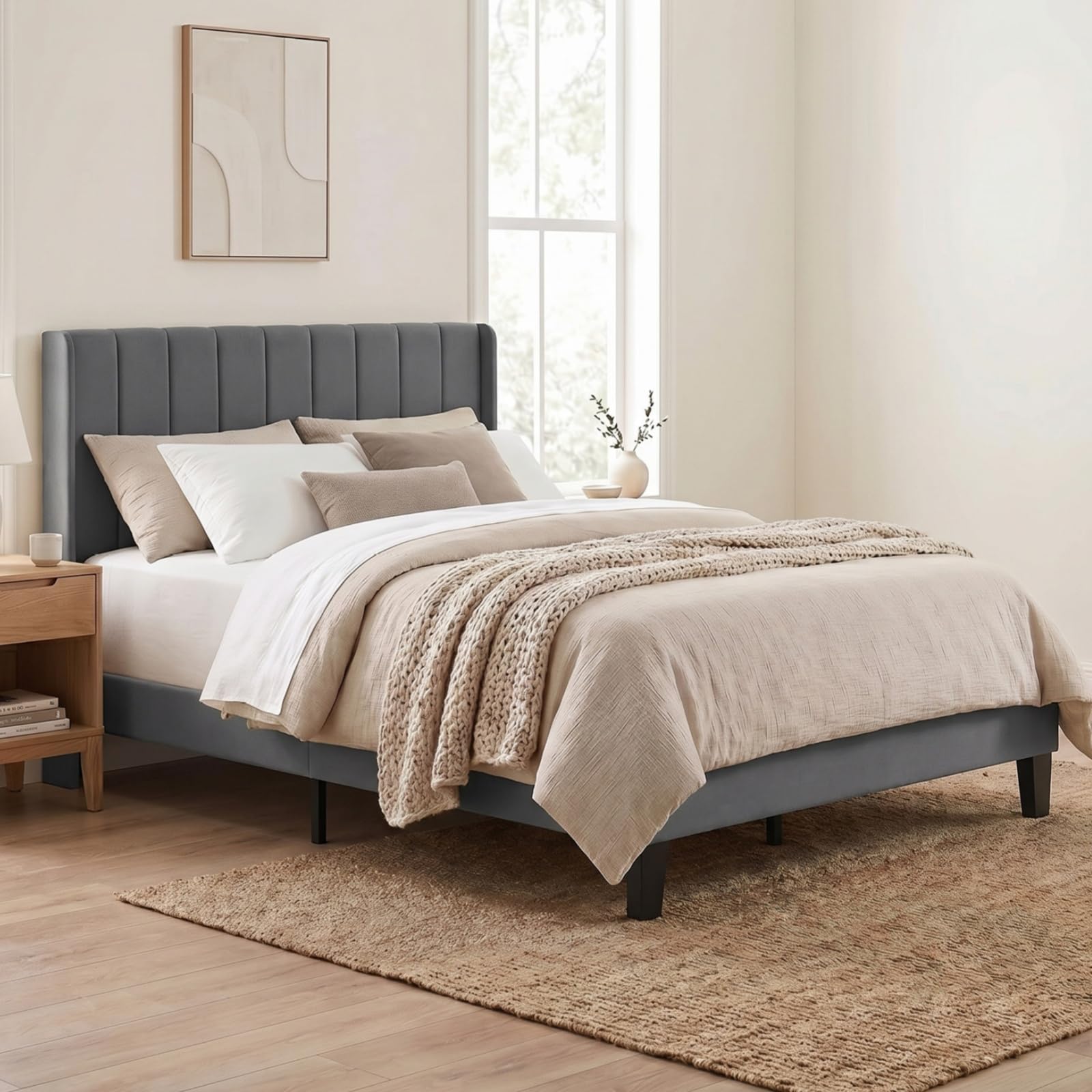 Levede King Bed Frame, Upholstered Platform Bed with Channel Tufted Wingback Headboard, Strong Wood Slat Support, Noise-Free Foundation, No Box Spring Needed, 5ft King Bed, Grey — image 1