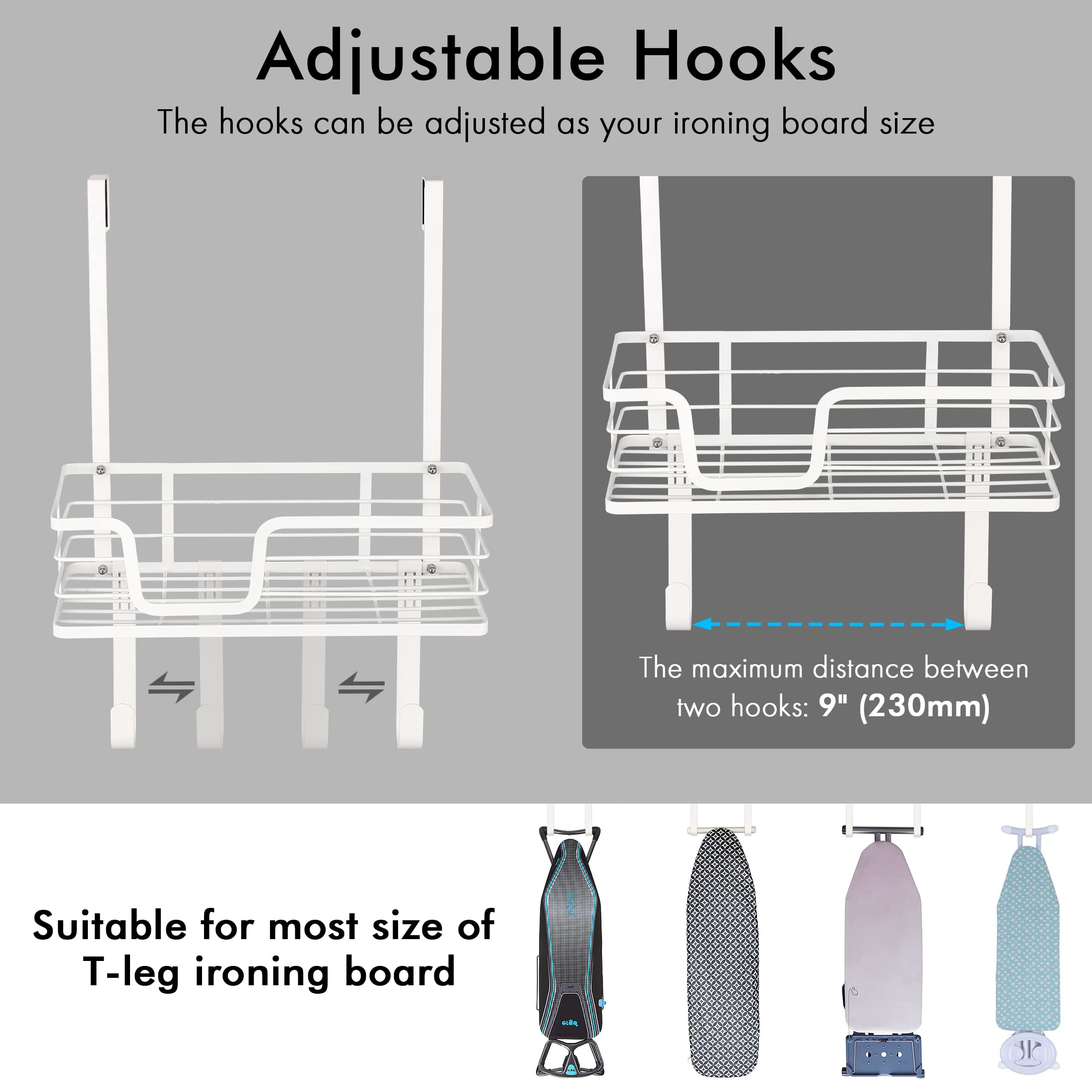 KES Over Door Ironing Board Hanger T-Leg No Drill, White Ironing Board Holder with Metal Basket and Adjustable Hooks, HIR500B-WH - Image 2