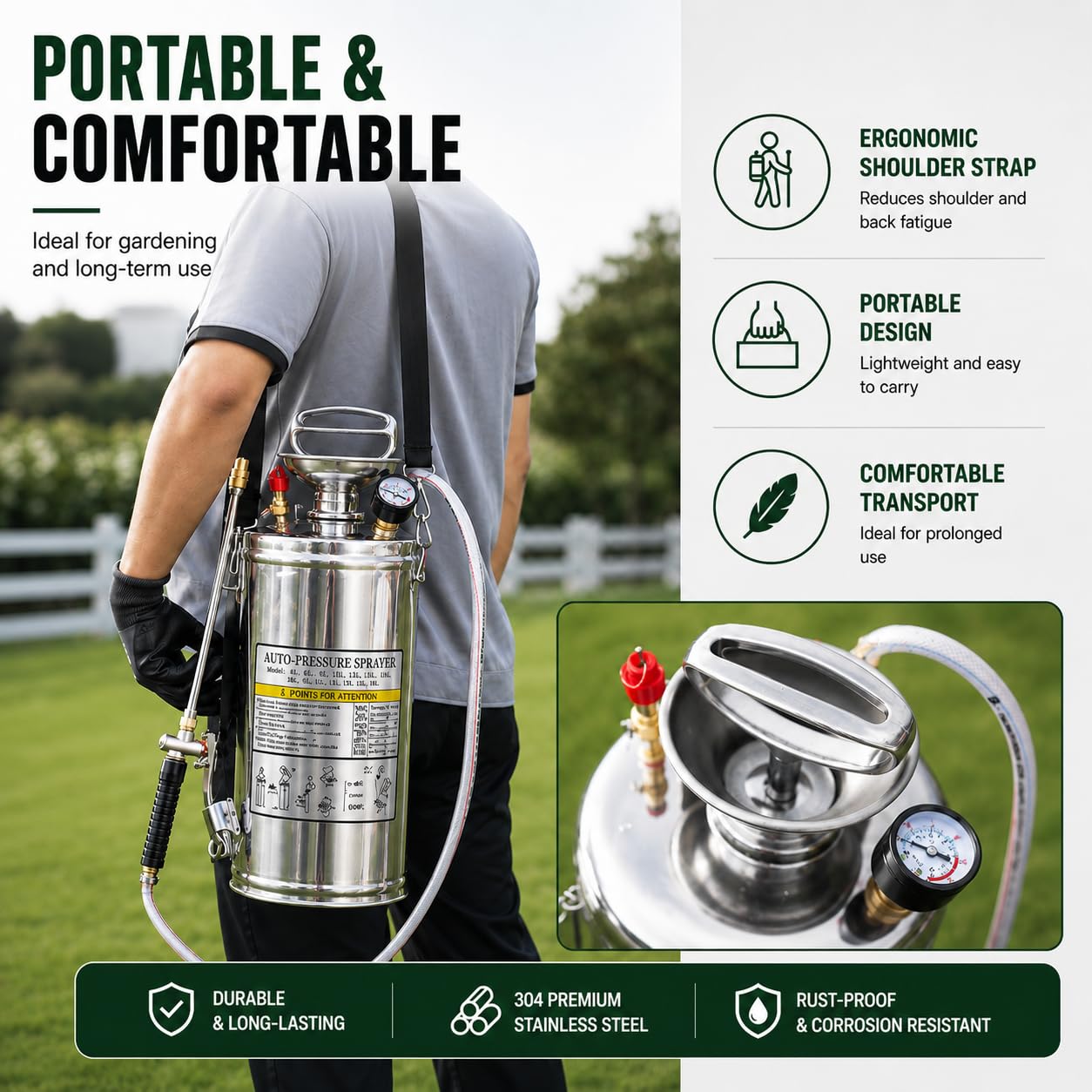 4L Edelstahl Drucksprüher mit Manometer & Sicherheitsventil, Profi Hand Pumpsprüher mit verstärktem Schlauch und Verstellbarer Messingdüse, Drucksprühgerät für Garten, Pflanzen