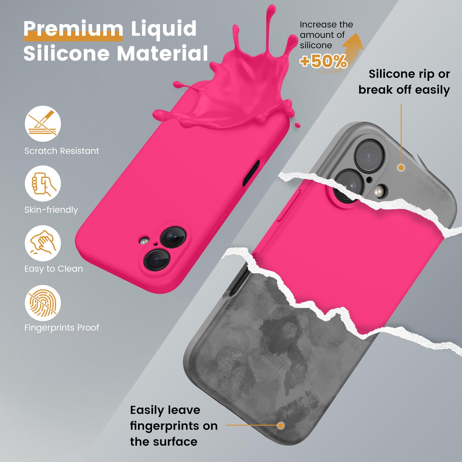 CALOOP Slim-Fit for iPhone 16 Case,Skin Soft Liquid Silicone,Sturdy Hard Frame Shockproof Cover with Anti-Scratch Microfiber Lining,Full Protection for Screen and Lens,6.1 inch,Hot Pink - Image 2