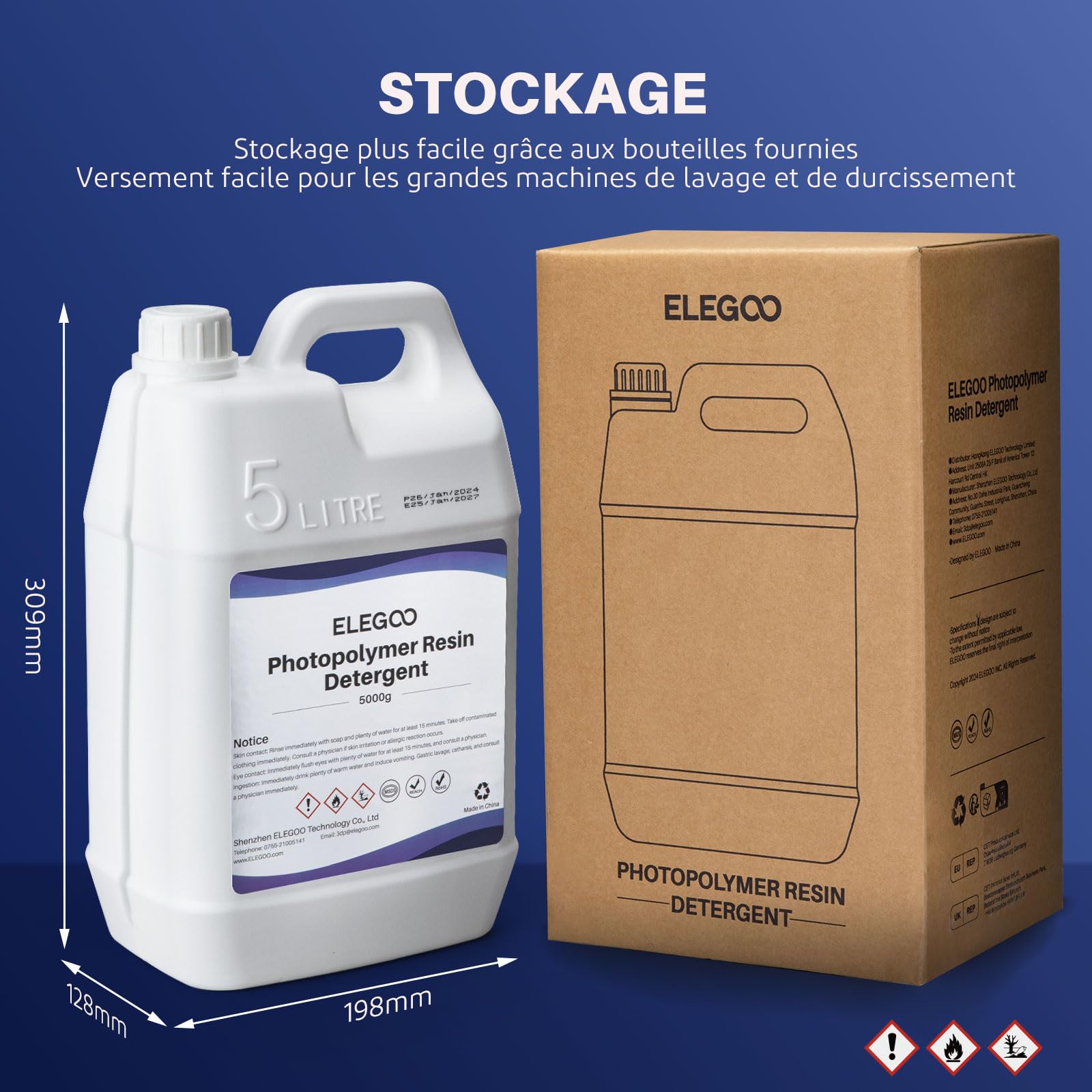 ELEGOO 5kg Nettoyant pour Résine d'imprimante 3D, Détergent pour Résine 3D Photopolymère, Faible Odeur et Non Toxique, Ininflammable, Compatible avec la Plupart des Résines d'impression 3D