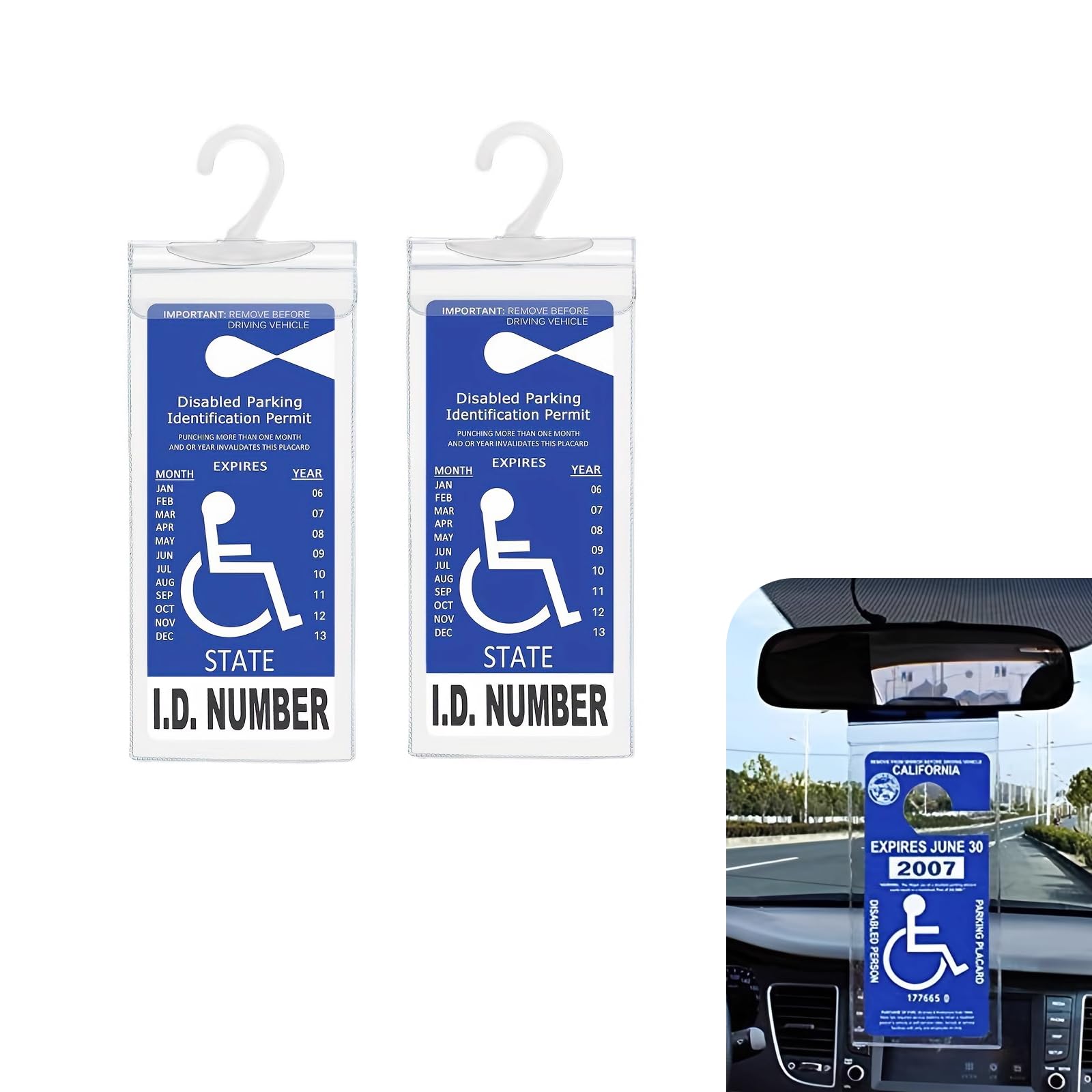 cerfioocerfioo 2 PCS Car Disability Slogan Storage Bag, 11.64" x 4.92" Interior Rearview Mirror PVC Plastic Parking Card Hook Bag, Auxiliary Travel Accessories, for Many Types of Vehicles (Transparent)